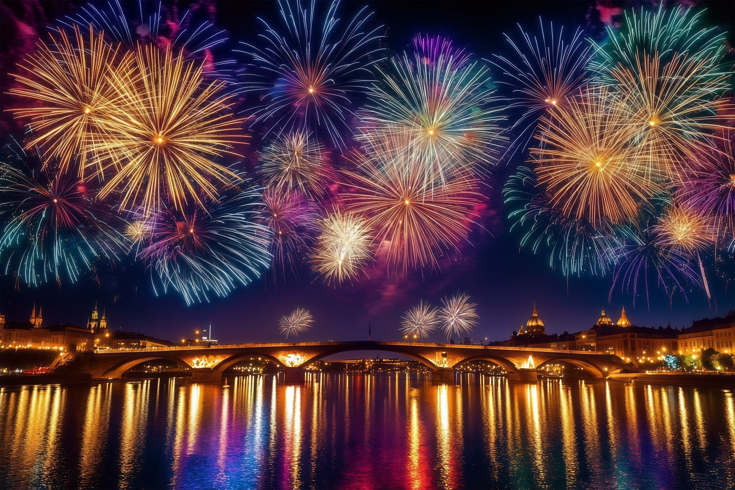 New Years Backdrops City Night River Reflection Fireworks Photo Backdrop UK LXX512-6