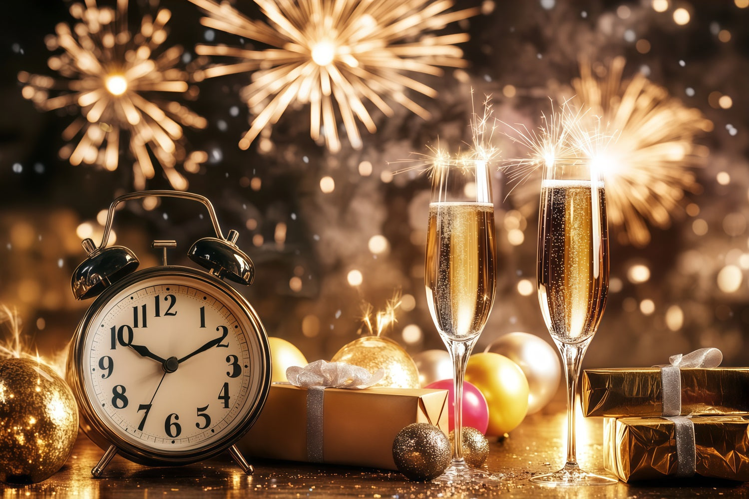 New Year's Backdrops Champagne Countdown Clock Firework Gold Glitter Backdrop UK LXX512-7