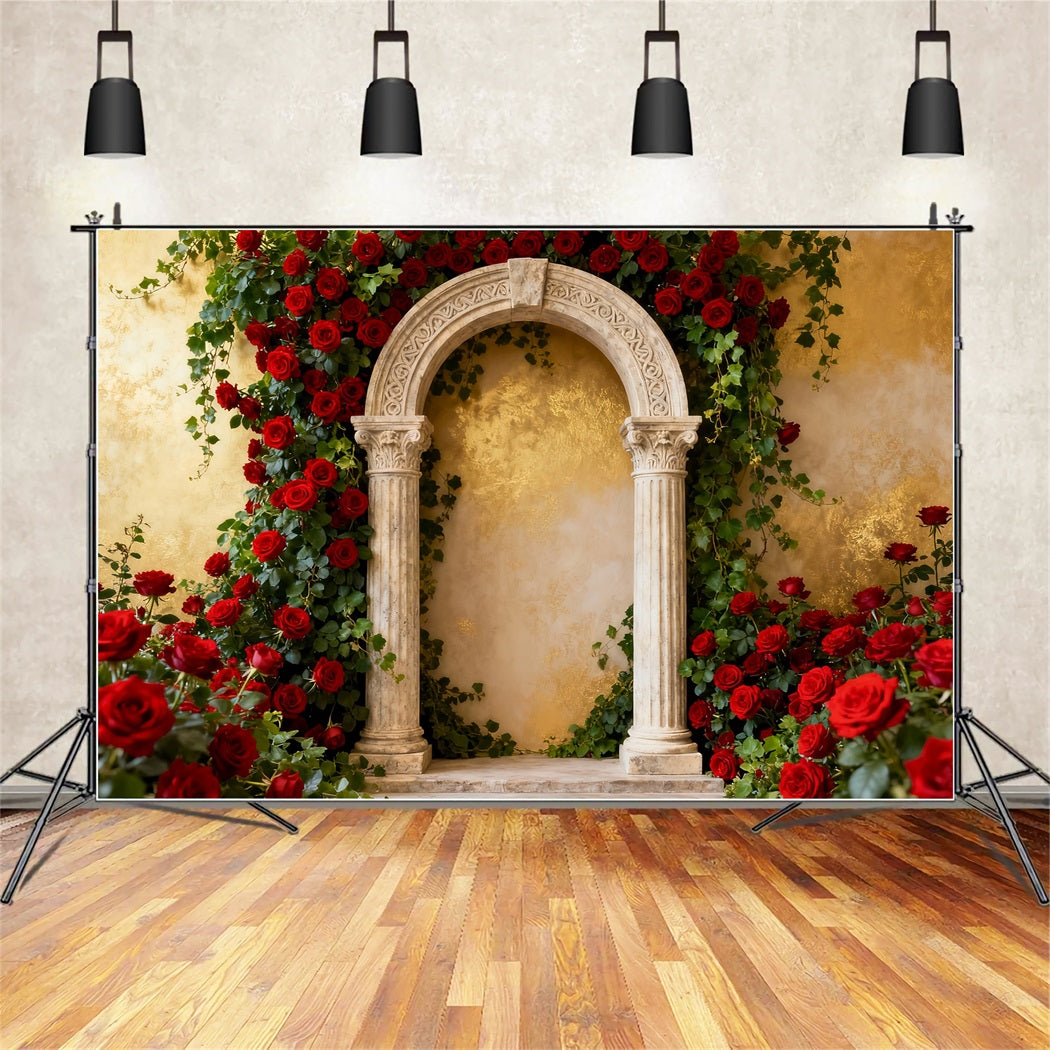 90s Valentine Backdrop Classic Garden Stone Arch Red Rose Backdrop UK LXX512-74