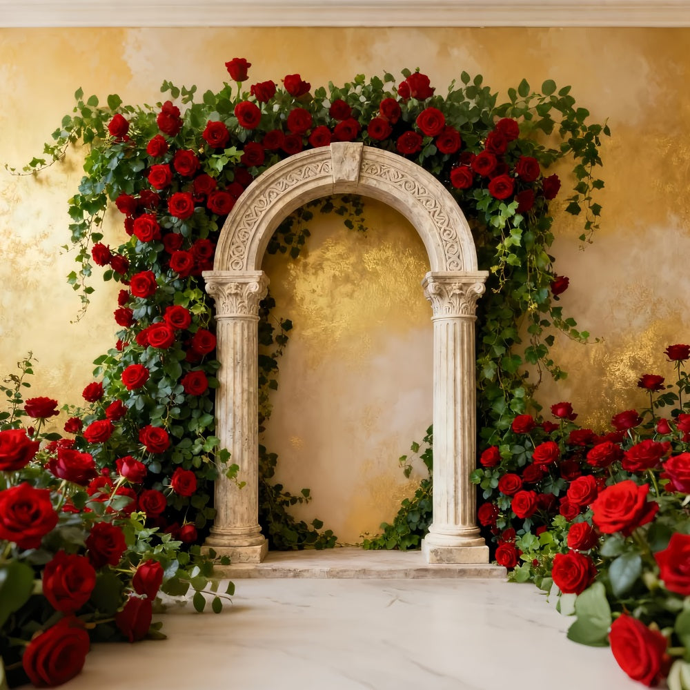 90s Valentine Backdrop Classic Garden Stone Arch Red Rose Backdrop UK LXX512-74
