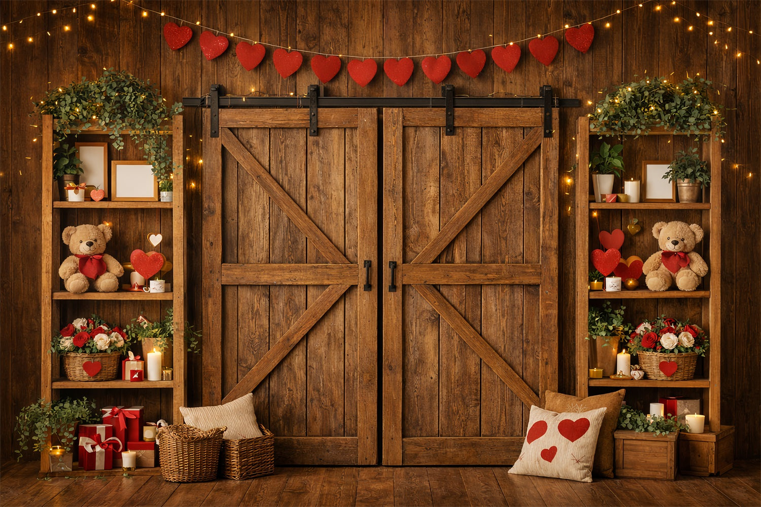 Heart Garland Backdrop Wooden Barn Door Teddy Bears Valentine's Day Backdrop UK LXX512-89