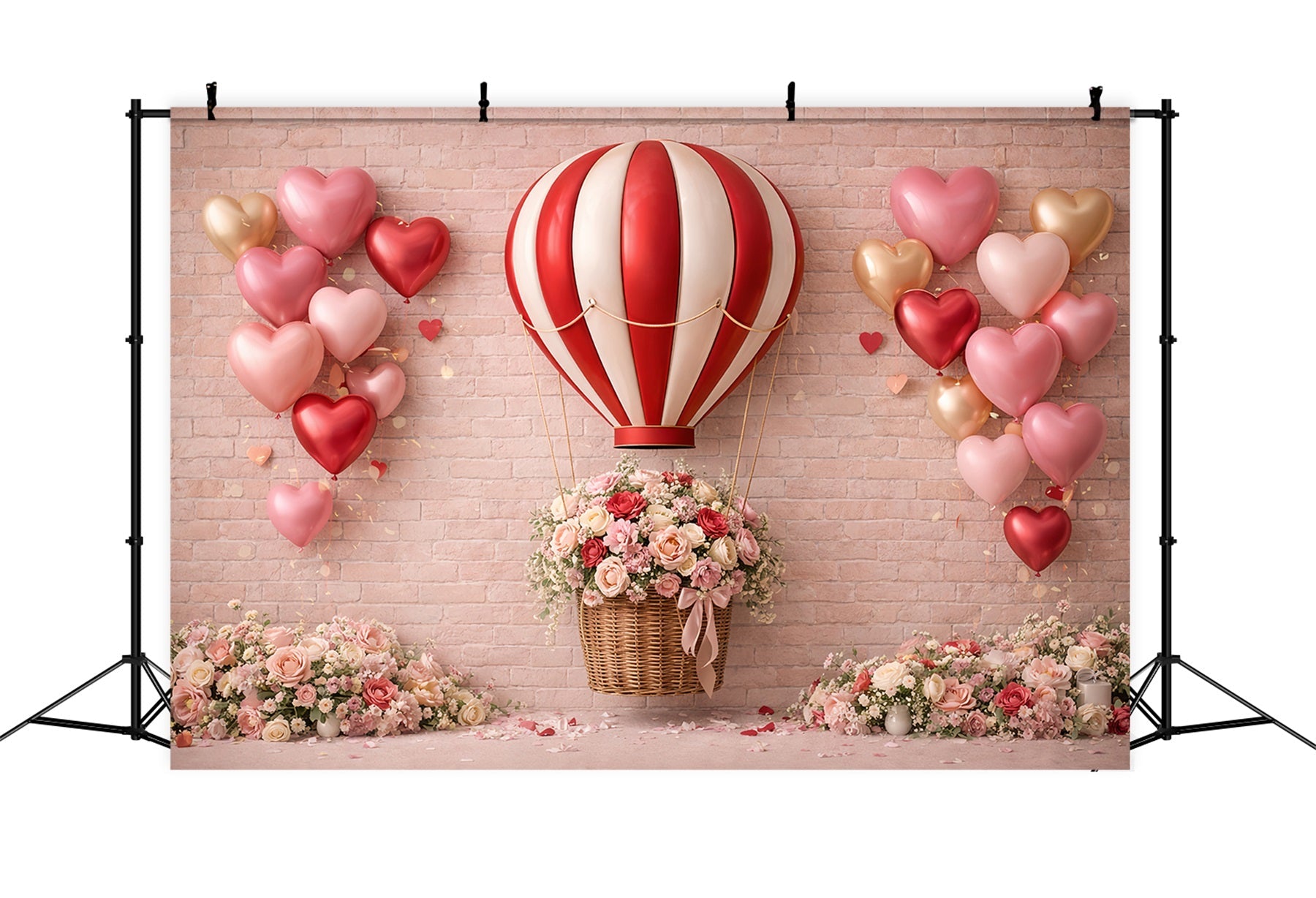 Heart Balloon Backdrop Brick Wall Romantic Roses Pink Valentine Backdrop UK LXX512-91