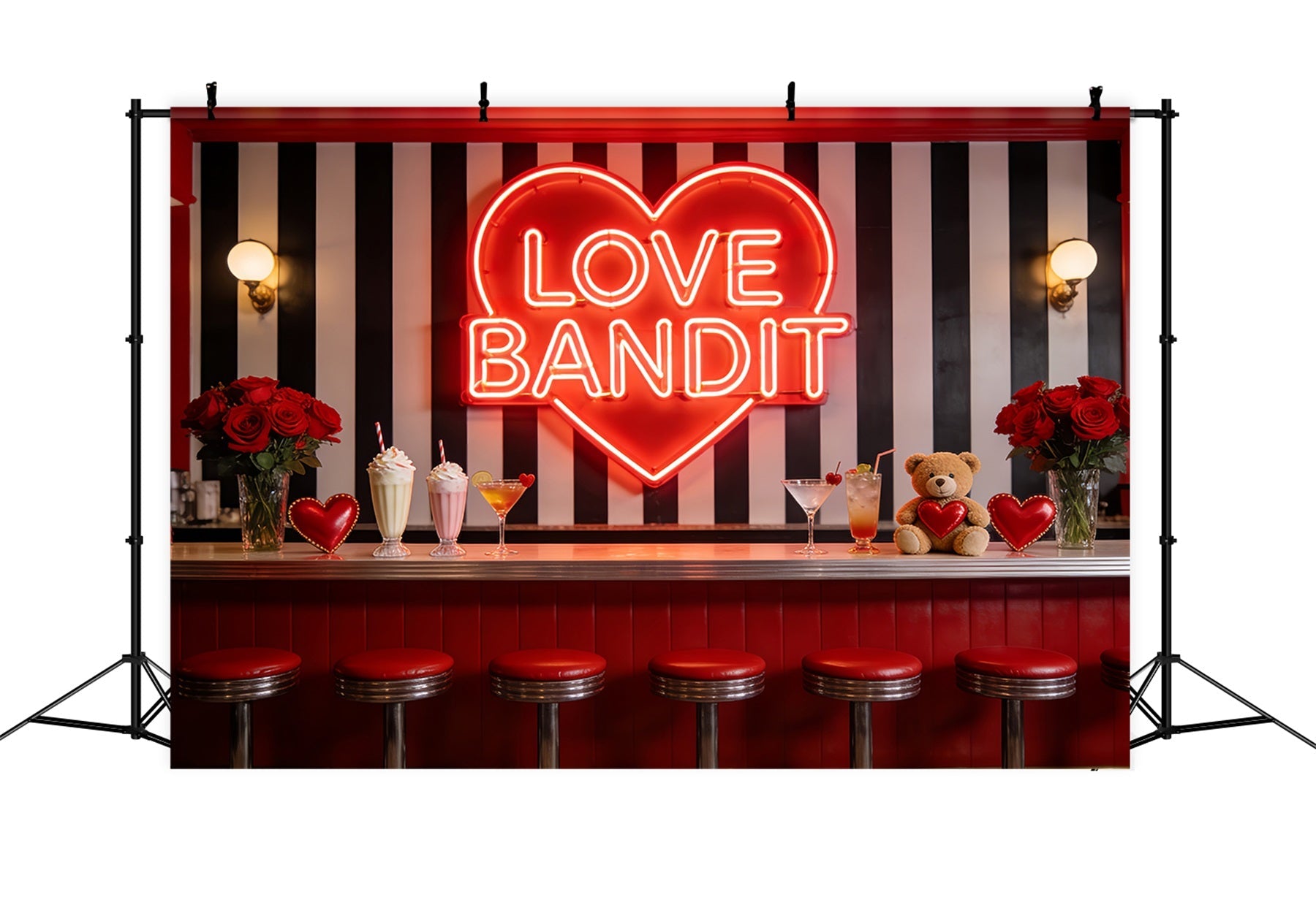 90s Valentine's Day Backdrop Neon Love Diner Bar Heart Backdrop UK LXX512-98