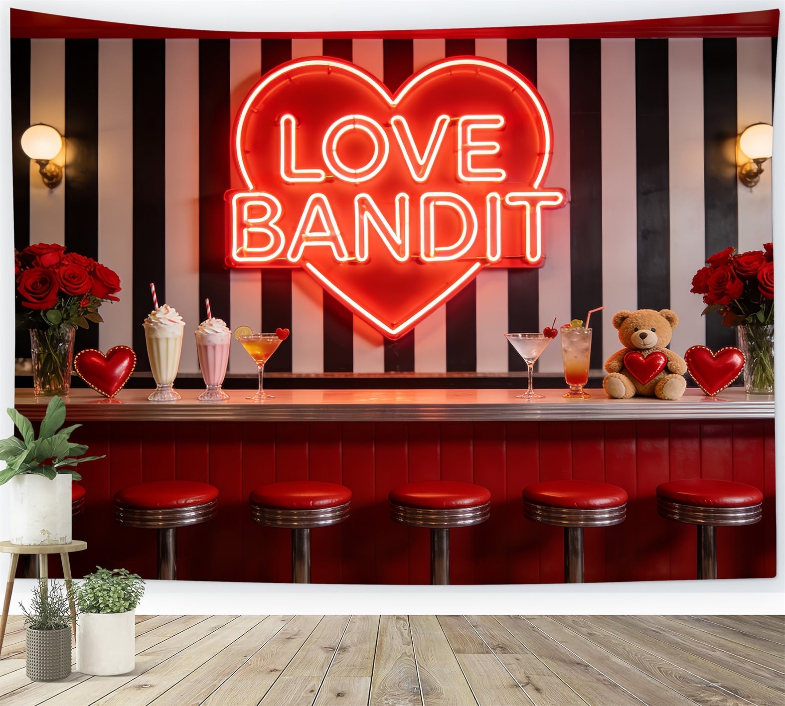 90s Valentine's Day Backdrop Neon Love Diner Bar Heart Backdrop UK LXX512-98