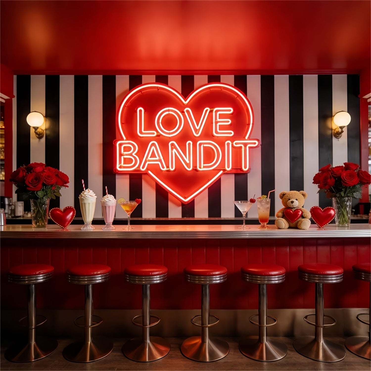 90s Valentine's Day Backdrop Neon Love Diner Bar Heart Backdrop UK LXX512-98