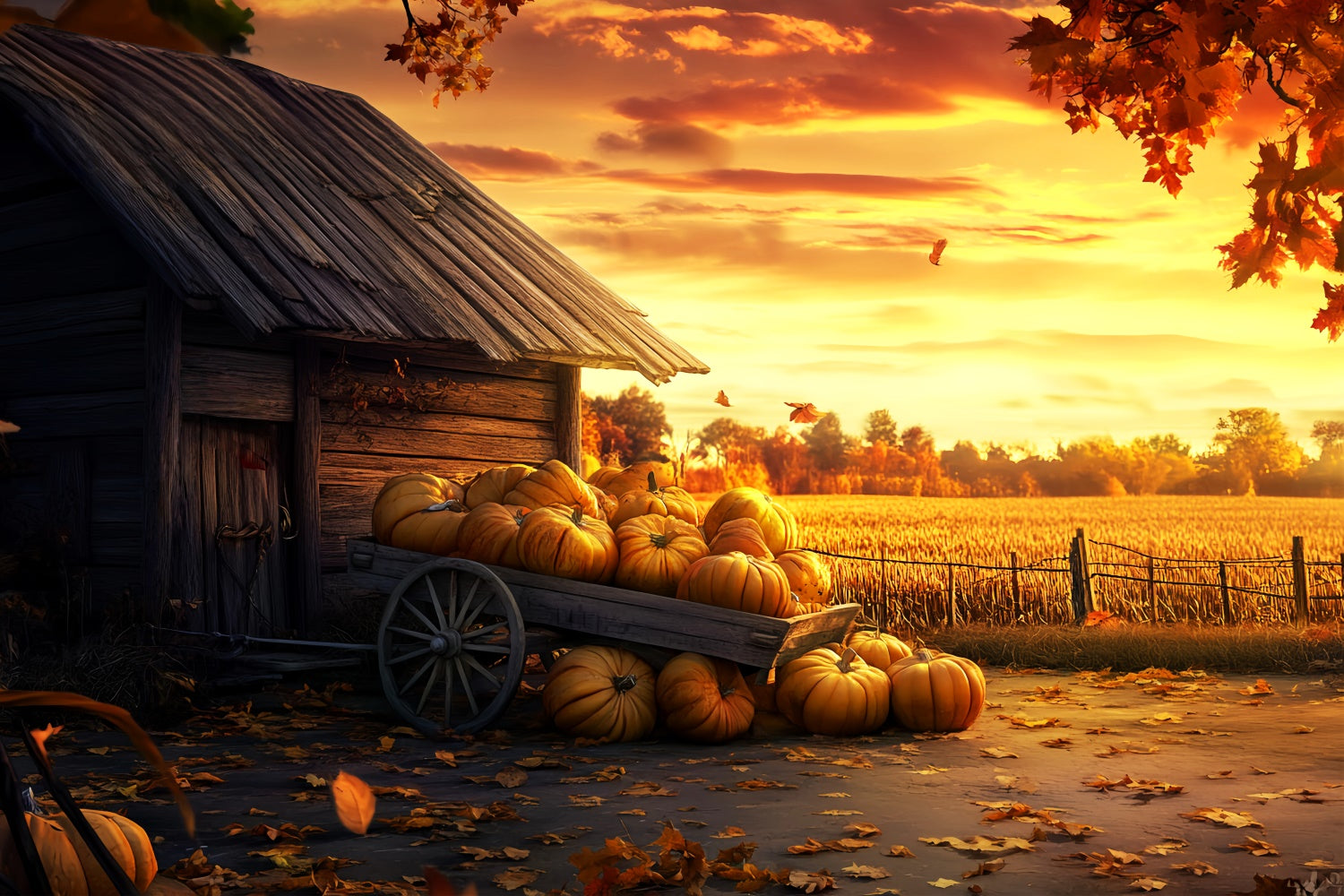 Happy Thanksgiving Backdrop Pumpkin Cart Glow Sunset Backdrop UK LXX57-327