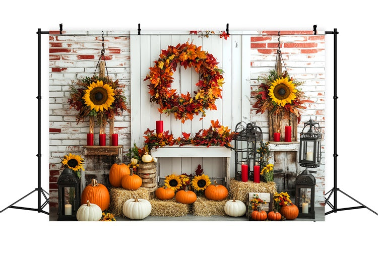 Fall Thanksgiving Backdrop Wreath Sunflower Brick Backdrop UK LXX57-342