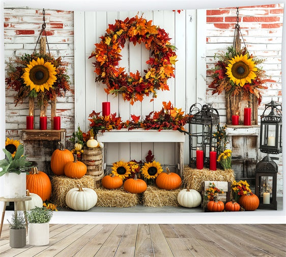 Fall Thanksgiving Backdrop Wreath Sunflower Brick Backdrop UK LXX57-342