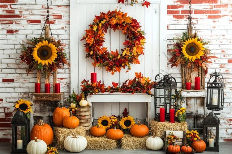 Fall Thanksgiving Backdrop Wreath Sunflower Brick Backdrop UK LXX57-342