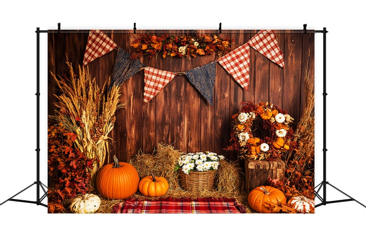 Thanksgiving Photo Backdrop Plaid Banner Harvest Backdrop UK LXX57-352
