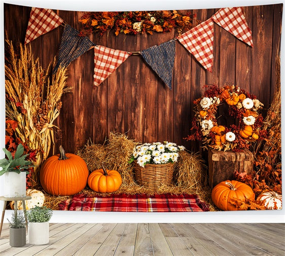 Thanksgiving Photo Backdrop Plaid Banner Harvest Backdrop UK LXX57-352
