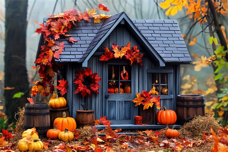 Backdrop Thanksgiving Woodland Pumpkin Cottage Backdrop UK LXX57-359