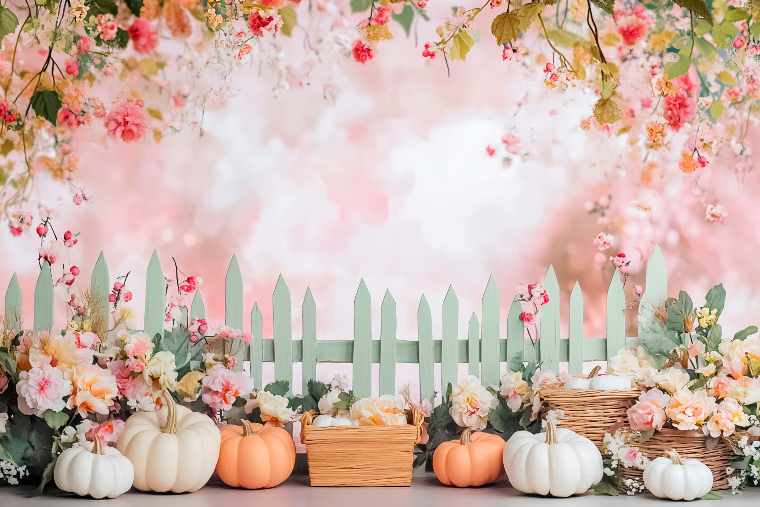 Thanksgiving Picture Backdrop Blush Floral Pumpkin Backdrop UK LXX57-364