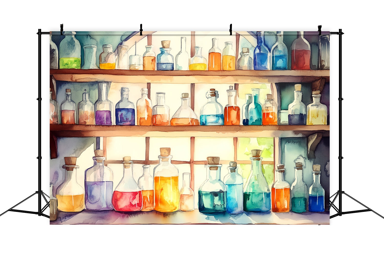 Chemistry Backdrop Watercolor Potion Bottles Wooden Shelves School Picture Backdrop UK LXX58-104