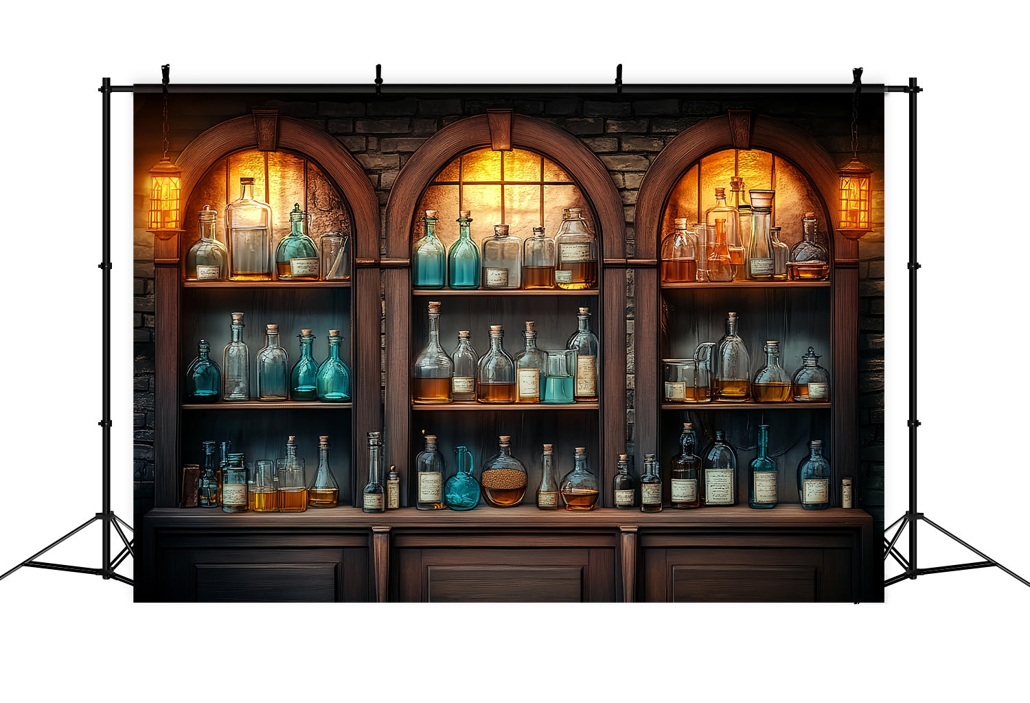 Chemistry Backdrop Vintage Wooden Cabinet Glass Bottles Back To School Backdrop UK LXX58-106