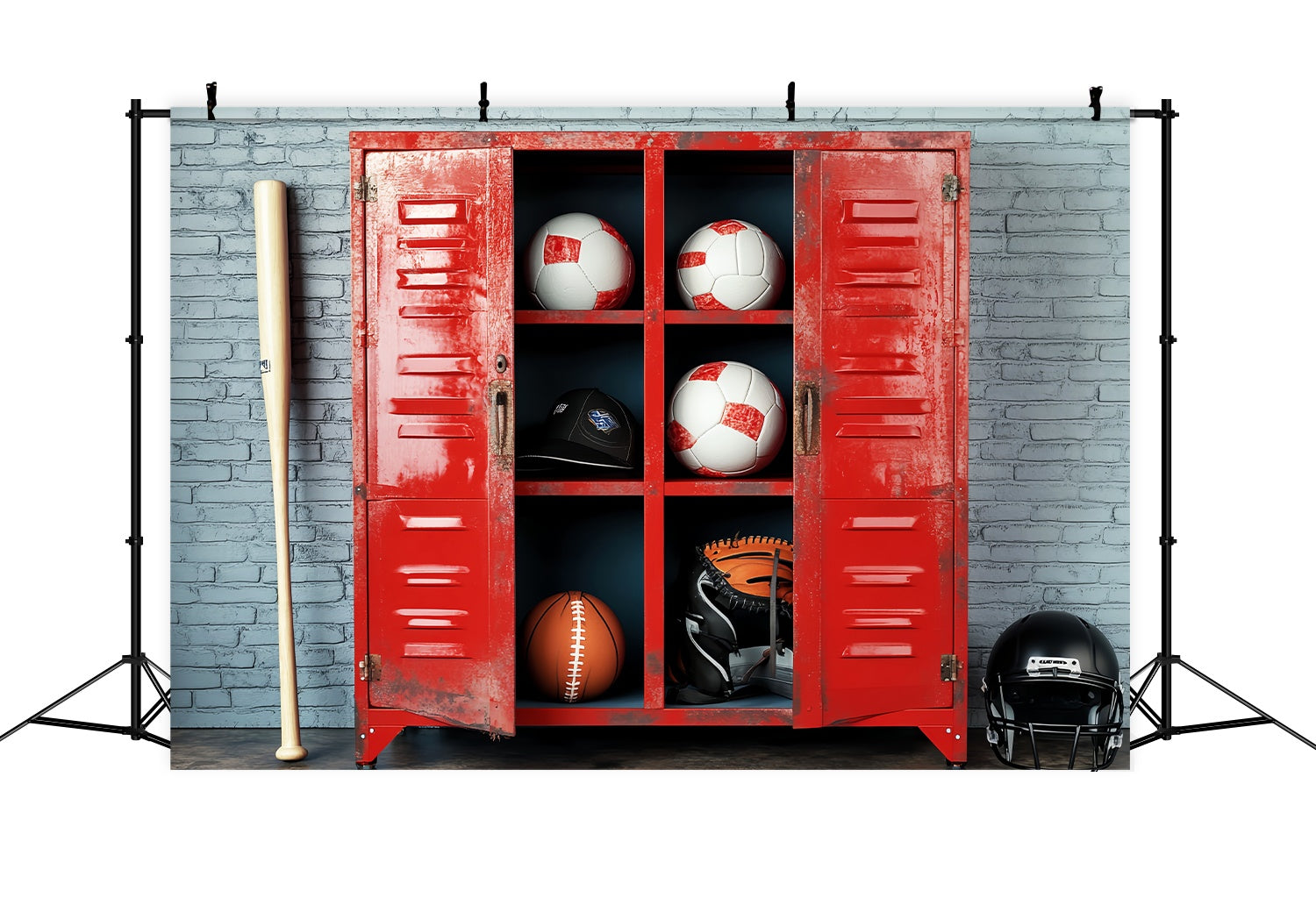 School Locker Backdrop Red Locker Filled Sports Equipment School Picture Backdrop UK LXX58-113