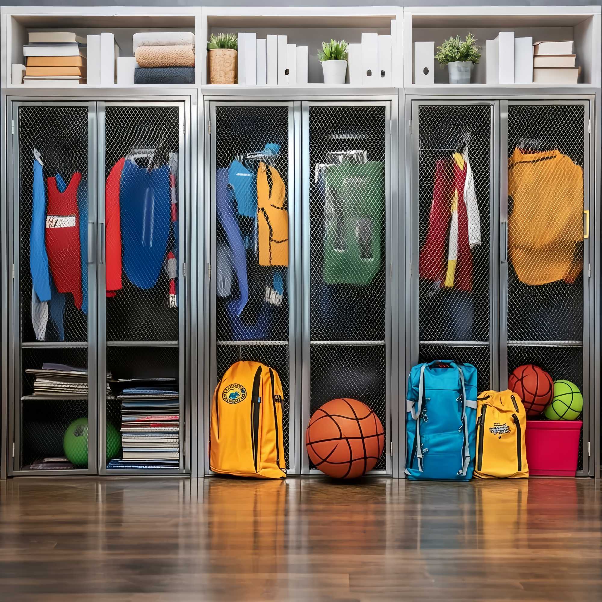 School Locker Backdrop Colorful Sports Lockers Backpacks Back To School Photo Backdrop UK LXX58-119