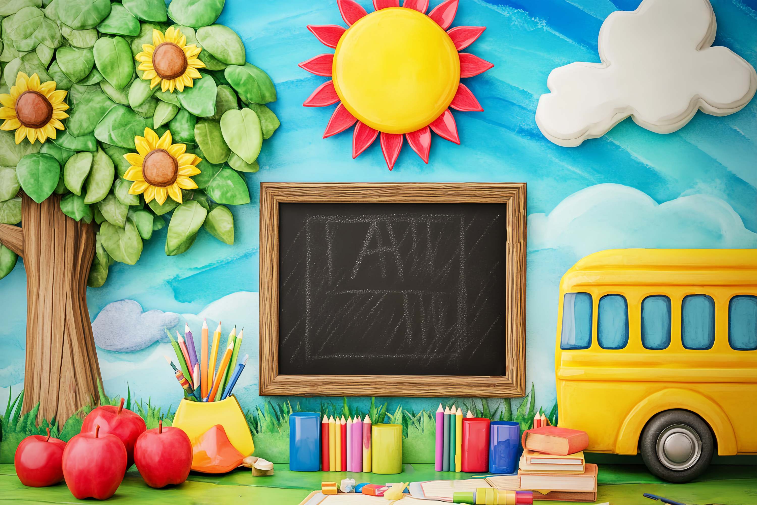 Preschool Backdrop Playful Blackboard Tree Bus Back To School Backdrop UK LXX58-121