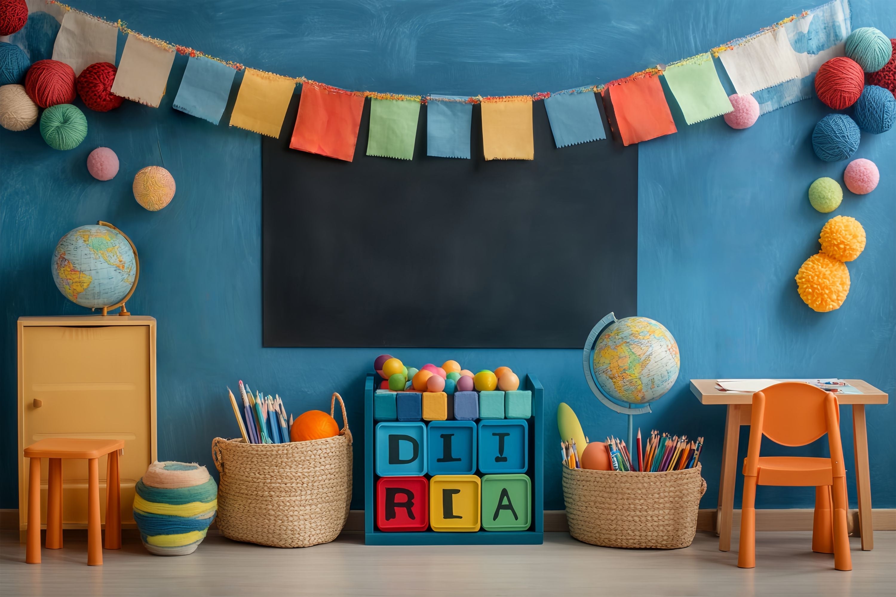 School Classroom Backdrop Colorful Classroom Globes Baskets Stationery Back To School Photography Backdrops UK LXX58-124