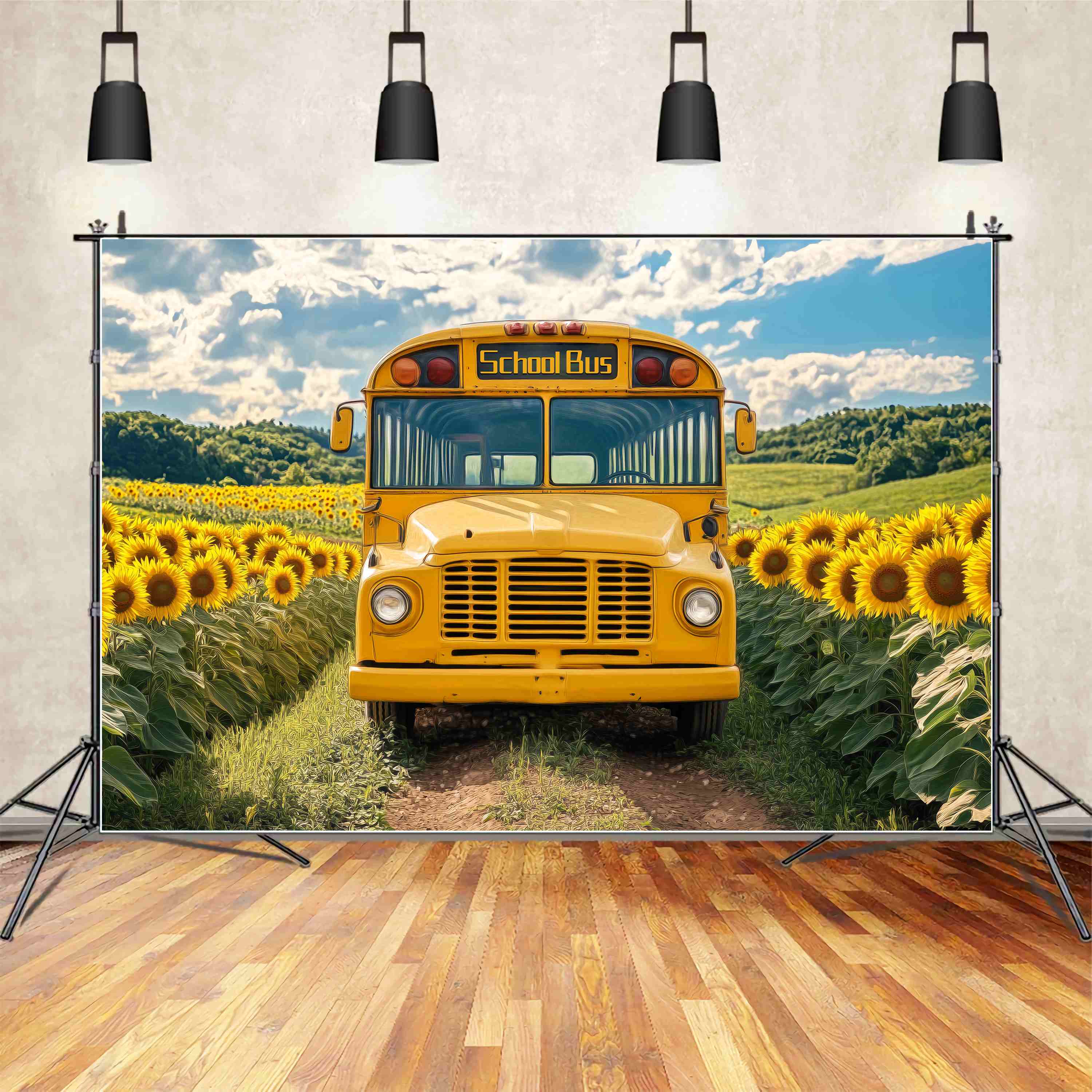 School Bus Backdrop Sunflower Field Vintage School Bus School Picture Backdrop UK LXX58-128