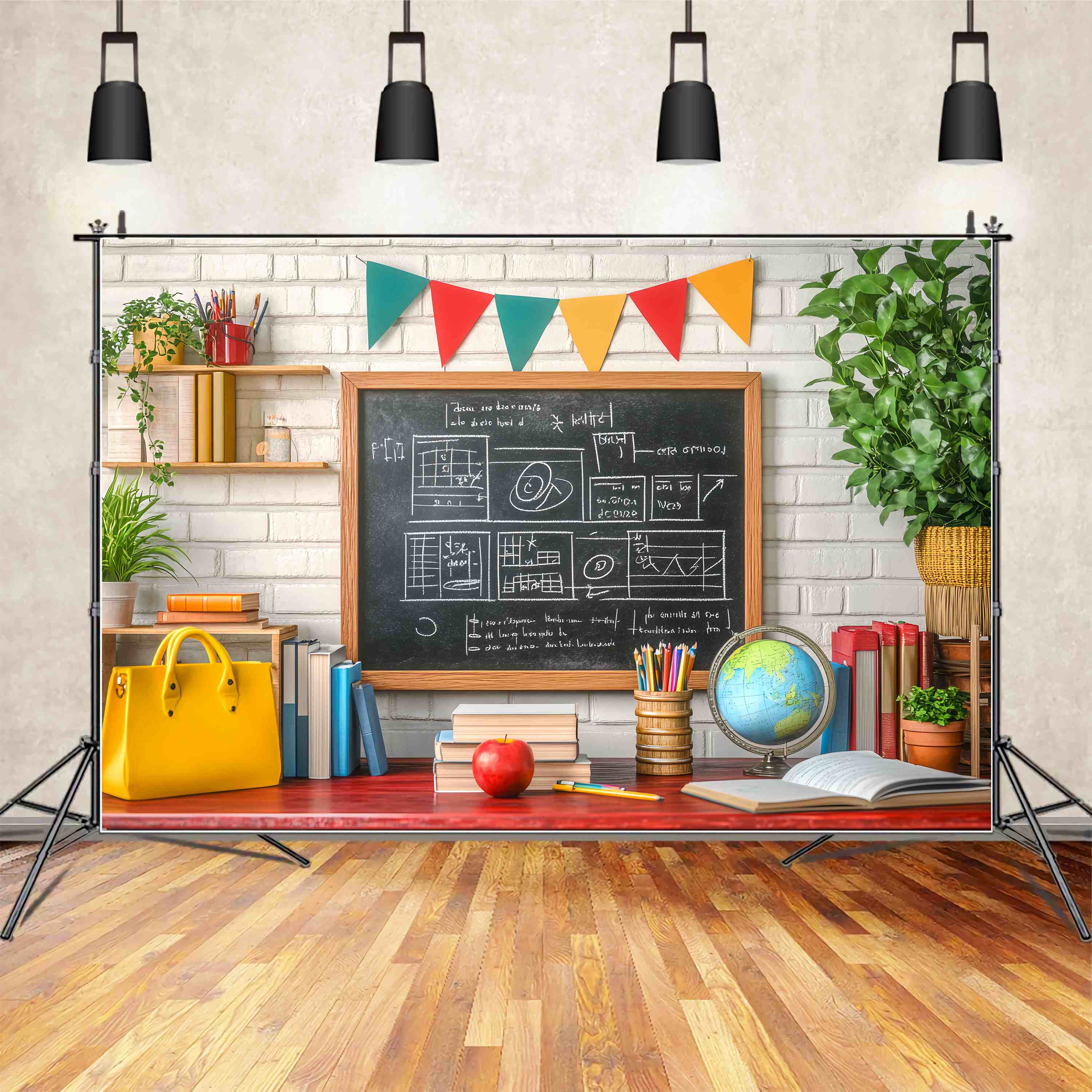 Back To School Chalkboard Backdrop Classroom Blackboard Books Globe Potted Plants Back To School Photo Backdrop UK LXX58-133