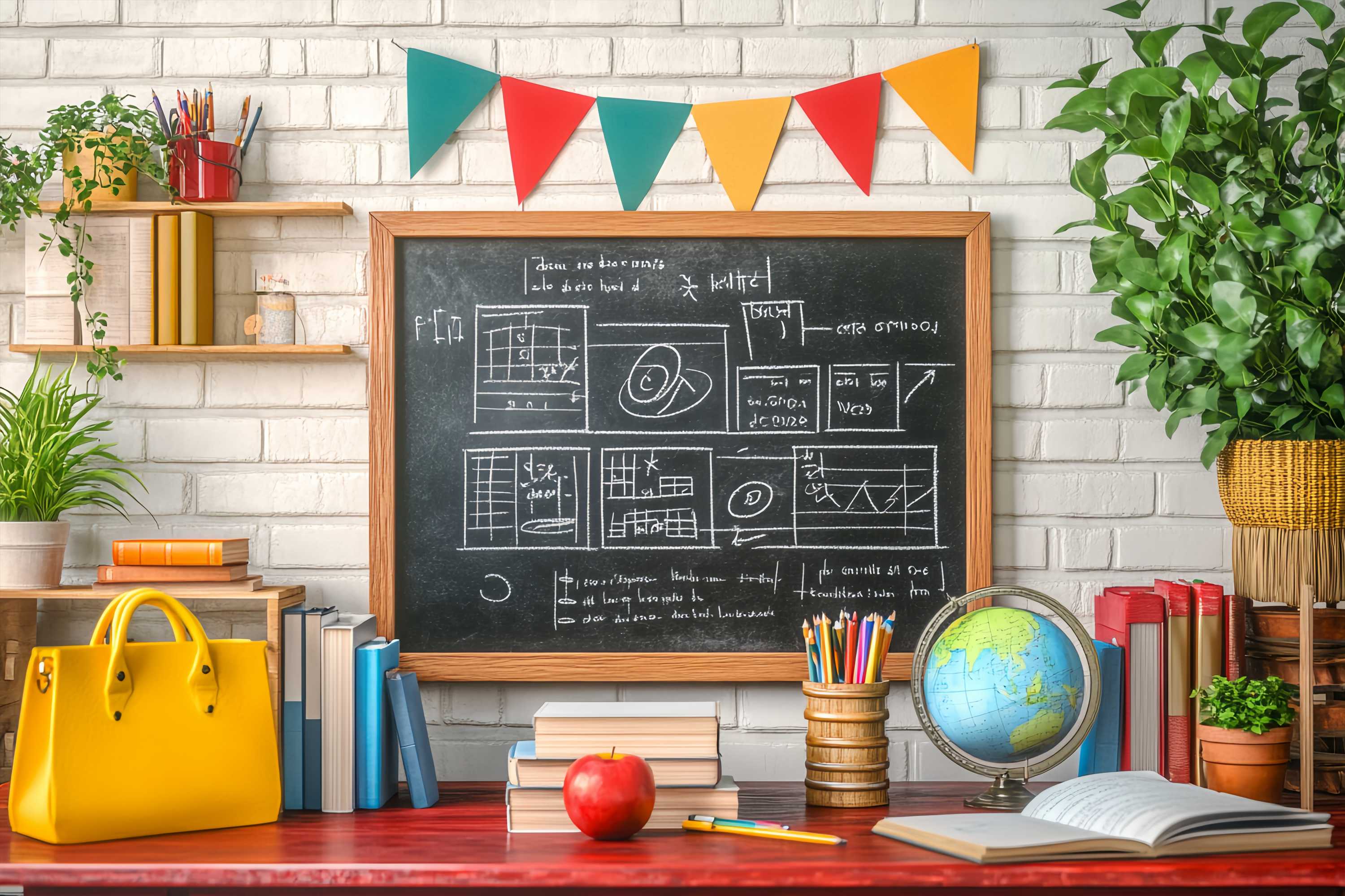 Back To School Chalkboard Backdrop Classroom Blackboard Books Globe Potted Plants Back To School Photo Backdrop UK LXX58-133