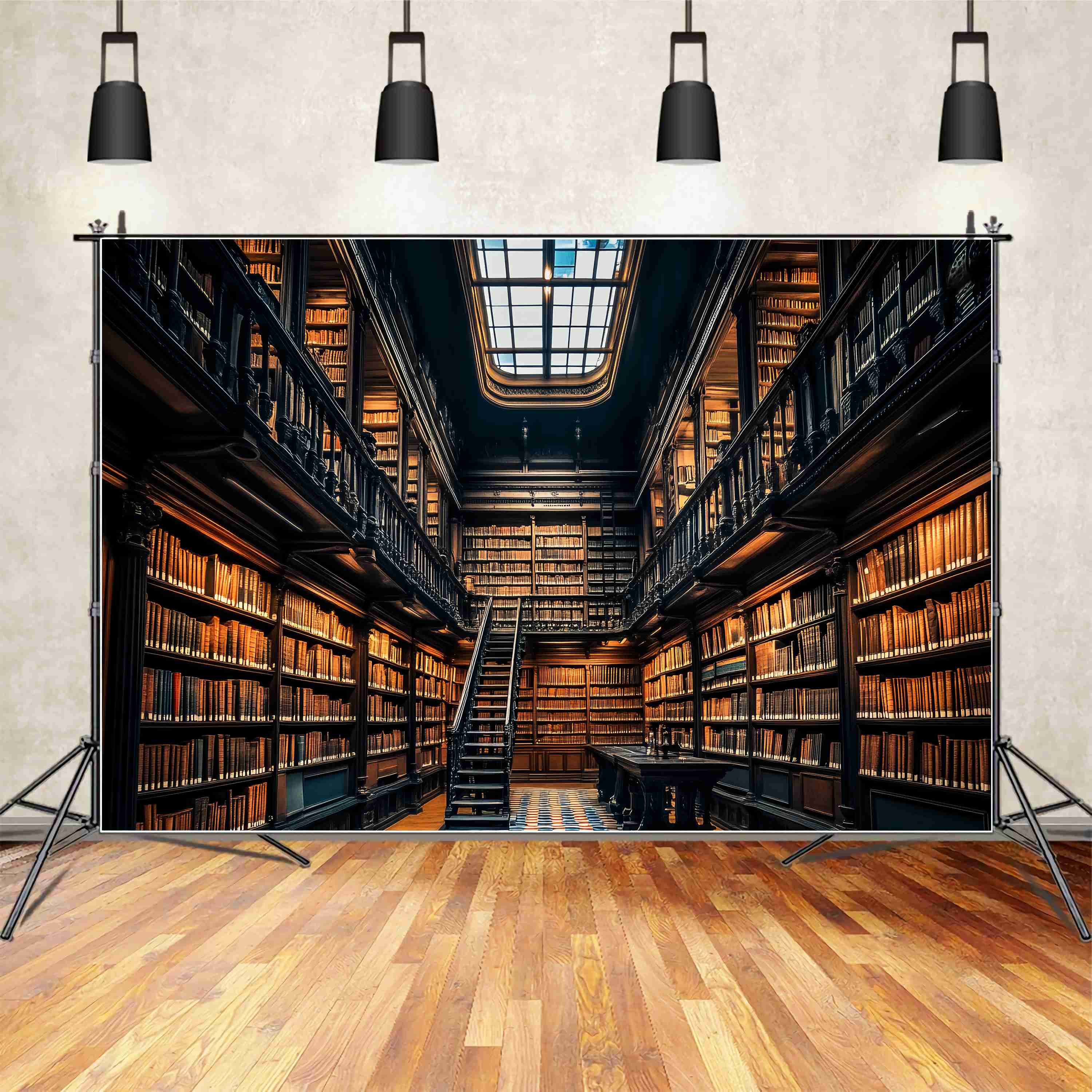 School Hallway Backdrop Grand Library Wooden Bookshelves Ladder Back To School Photography Backdrops UK LXX58-135