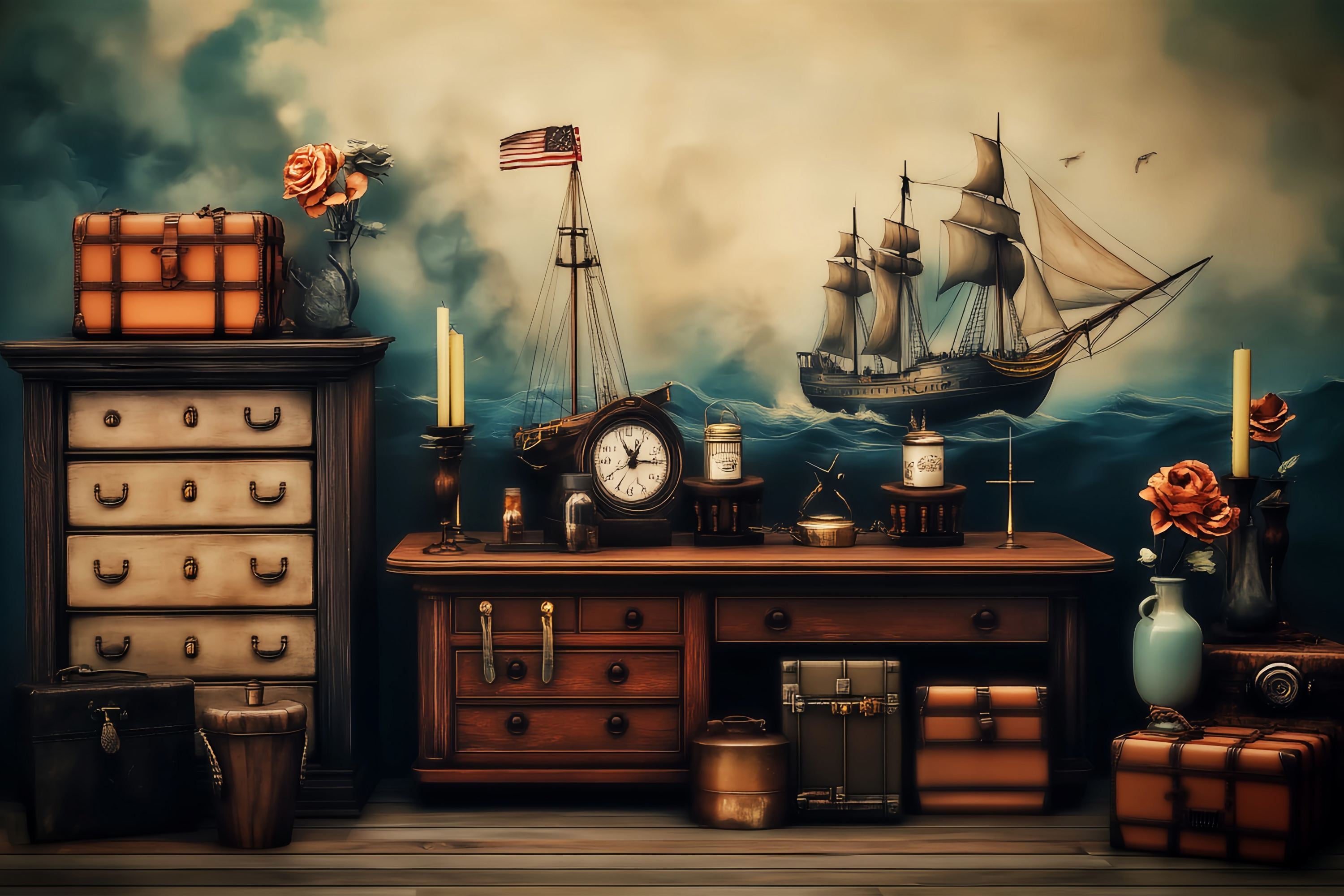 School Locker Backdrop Vintage Nautical Desk Sailing Ship Decor Back To School Backdrop Ideas UK LXX58-136