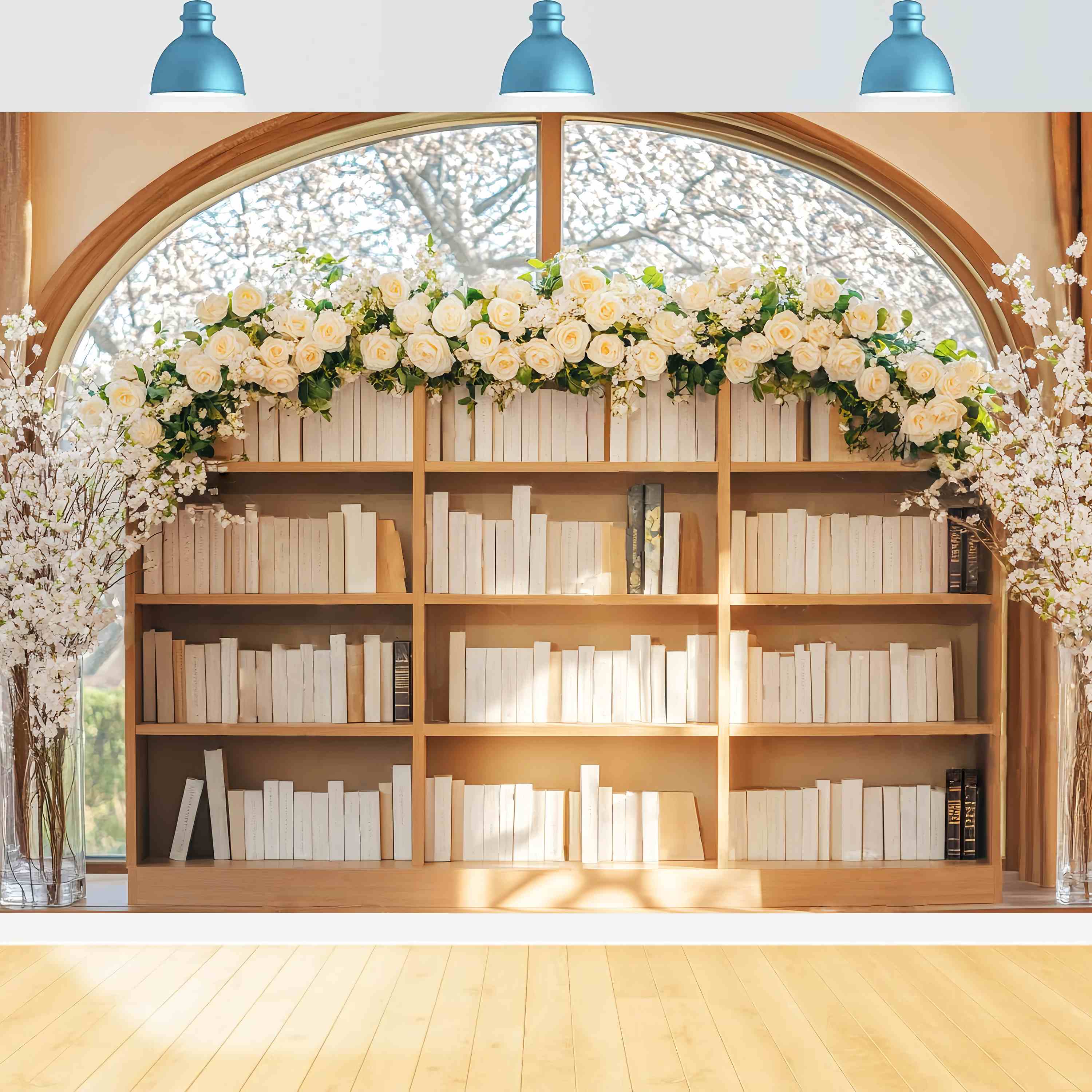 Back To School Backdrops Elegant Bookshelf White Roses Arrangement Bookshelf Backdrop UK LXX58-137