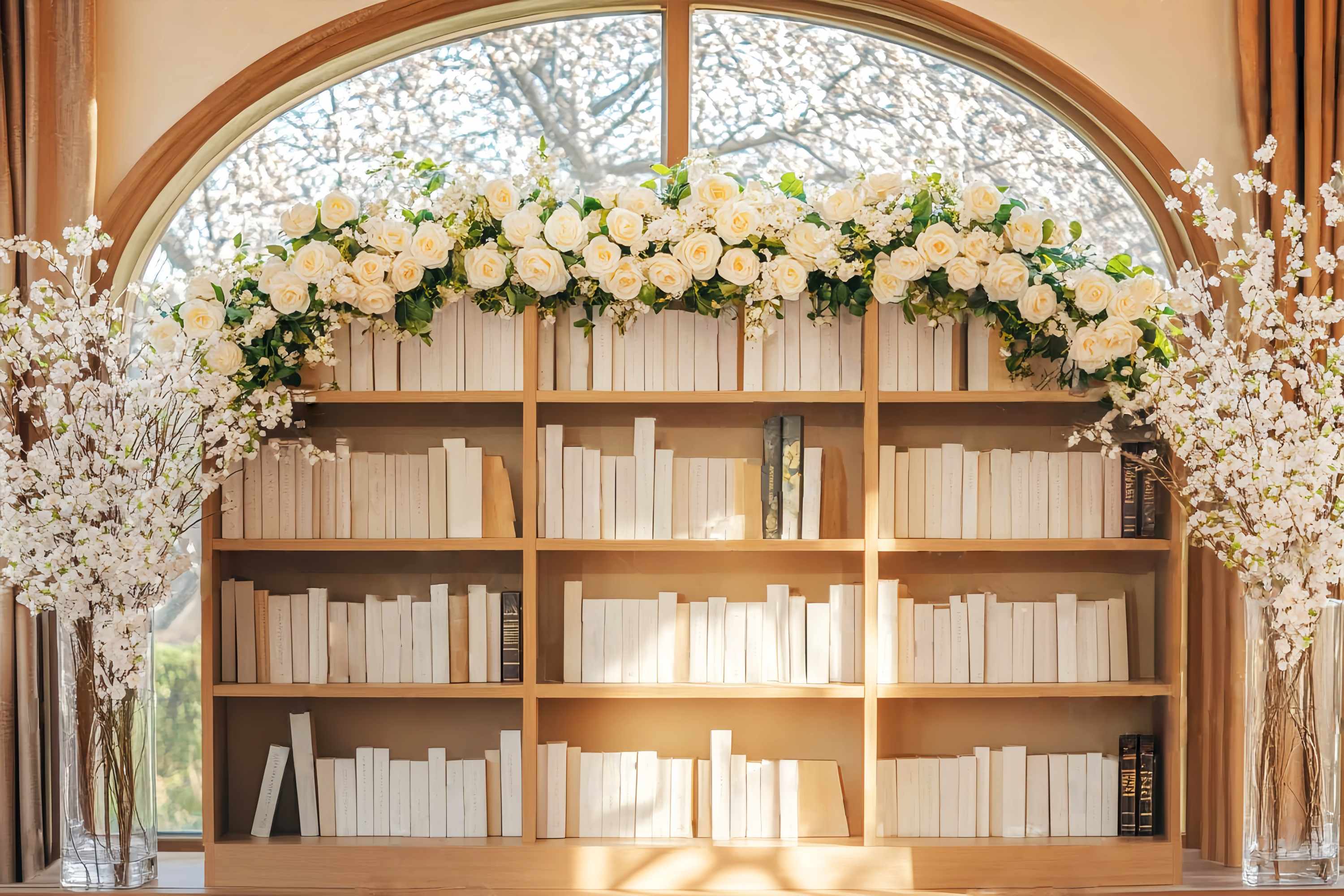 Back To School Backdrops Elegant Bookshelf White Roses Arrangement Bookshelf Backdrop UK LXX58-137