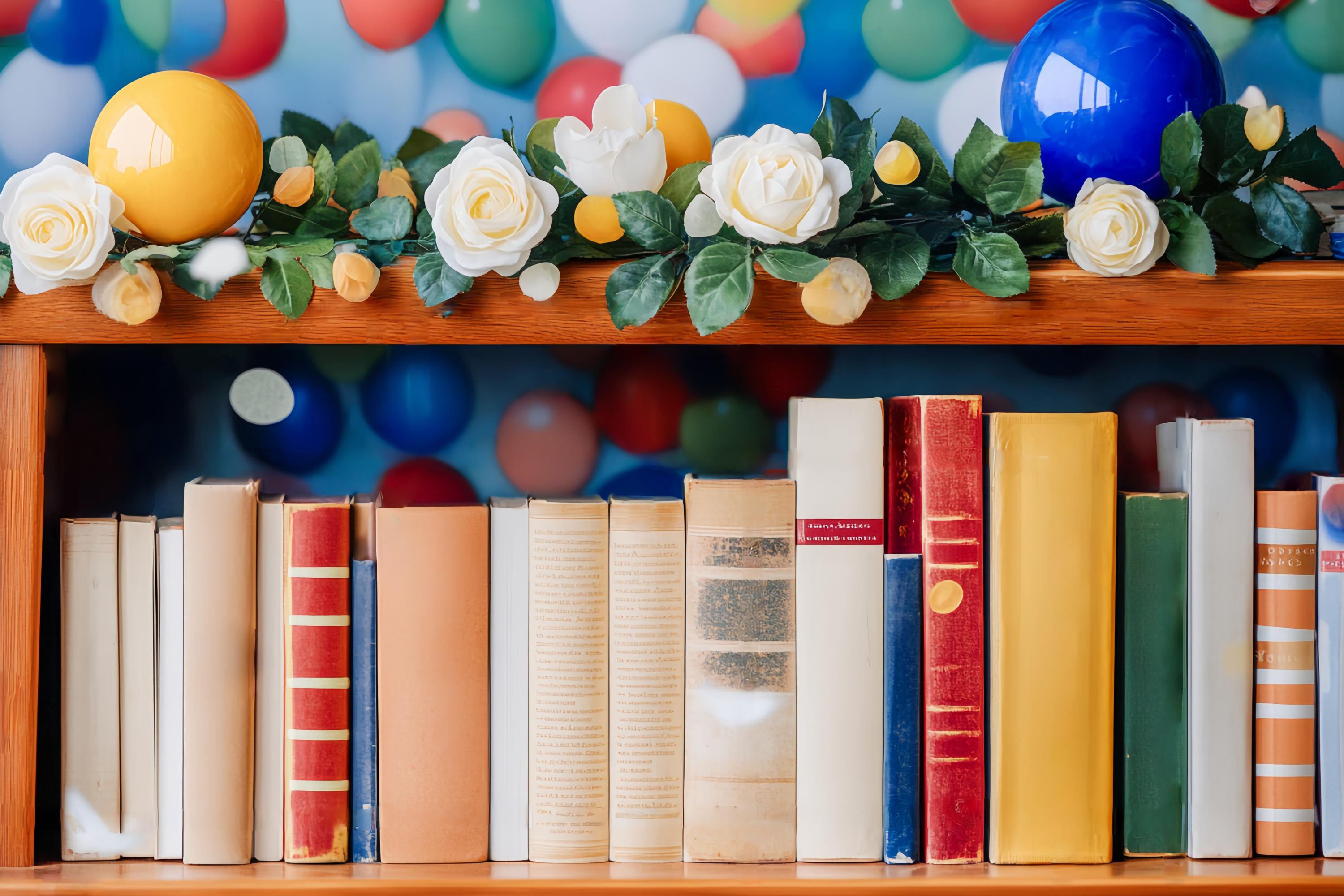 Preschool Backdrop Colorful Balloon Garland Bookshelf Back To School Photo Backdrop UK LXX58-139