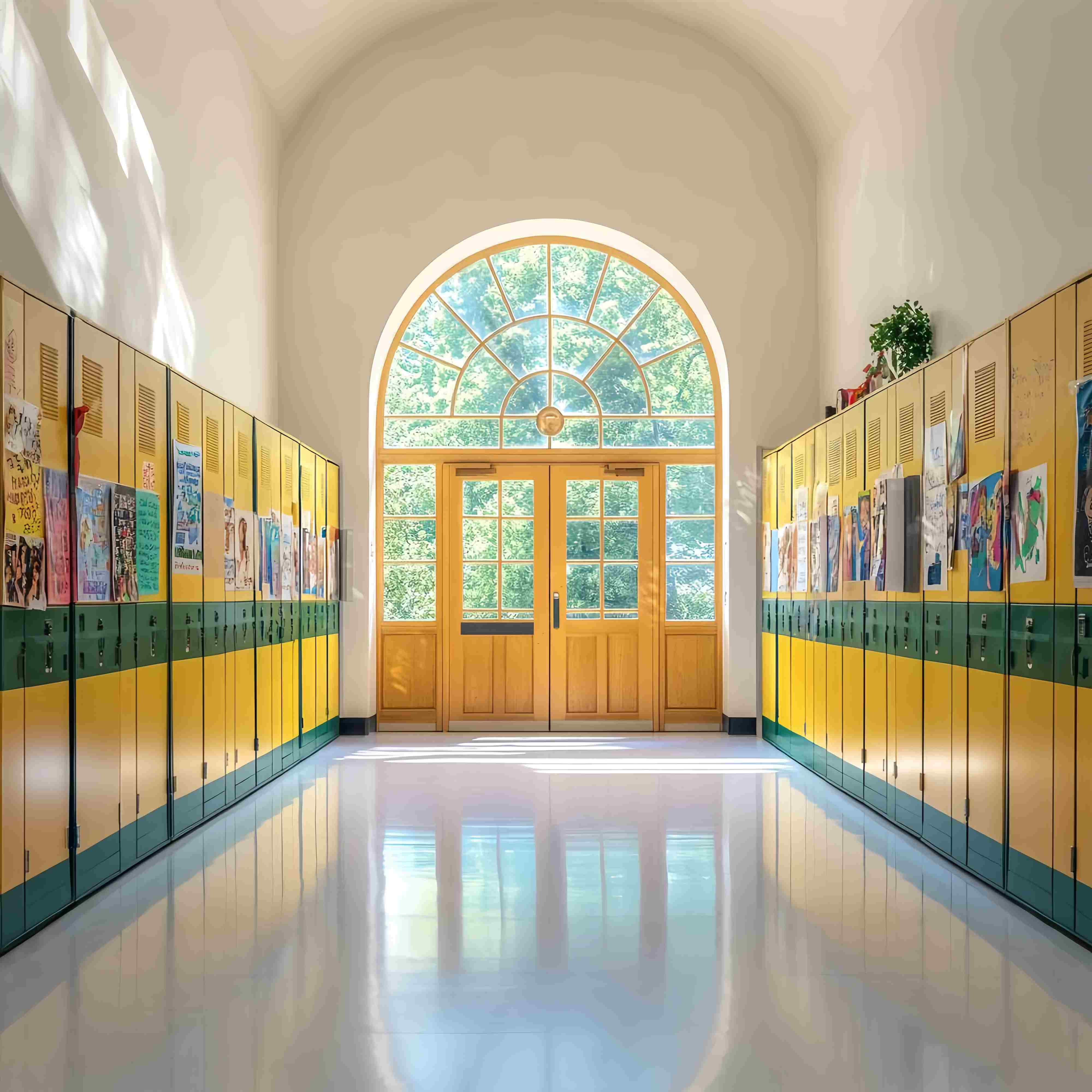 School Hallway Backdrop Yellow Green Locker Hallway Artwork Back To School Photo Backdrop UK LXX58-142