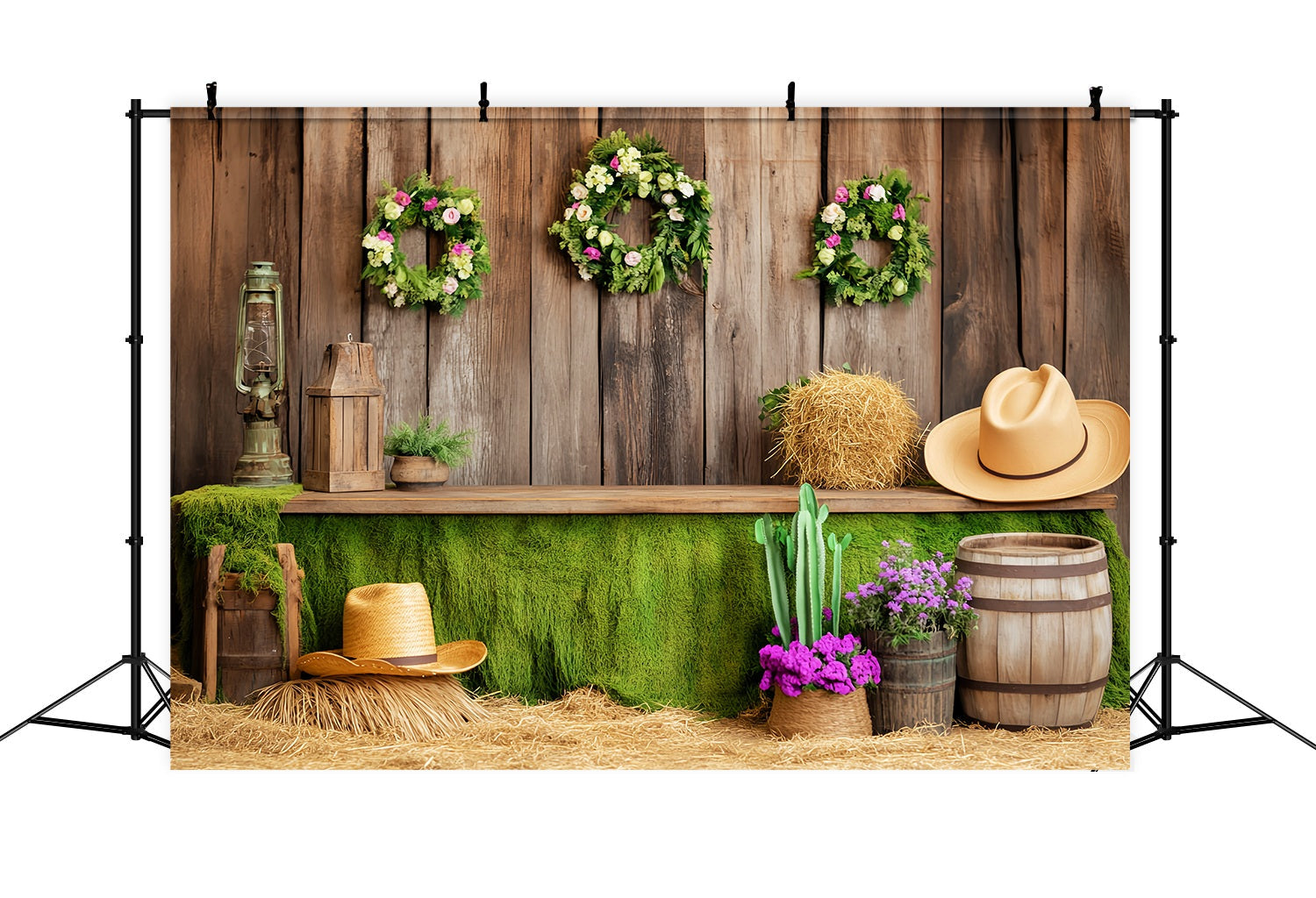 Fall Photography Backdrops Green Moss Wooden Barn Decor Western Backdrop UK LXX58-209