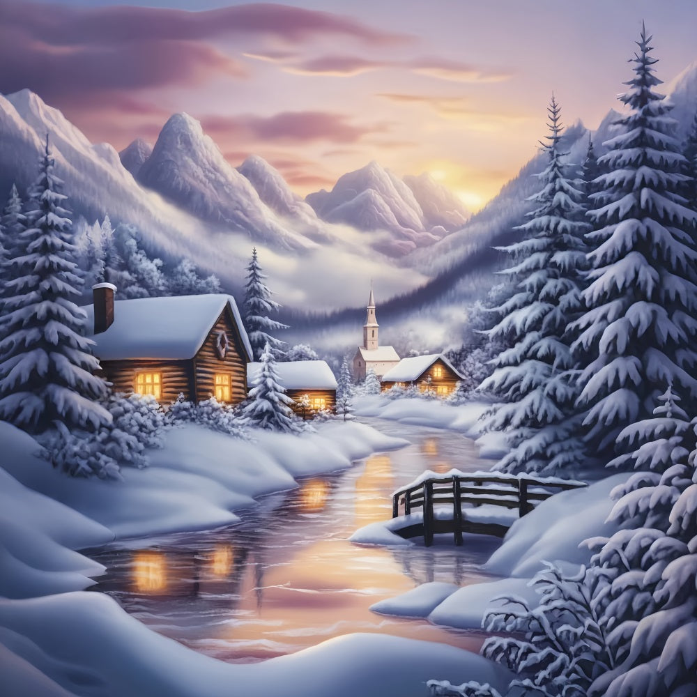 Winter Wonderland Backdrop Snowy Village Mountain Sunset Winter Backdrop UK LXX58-224