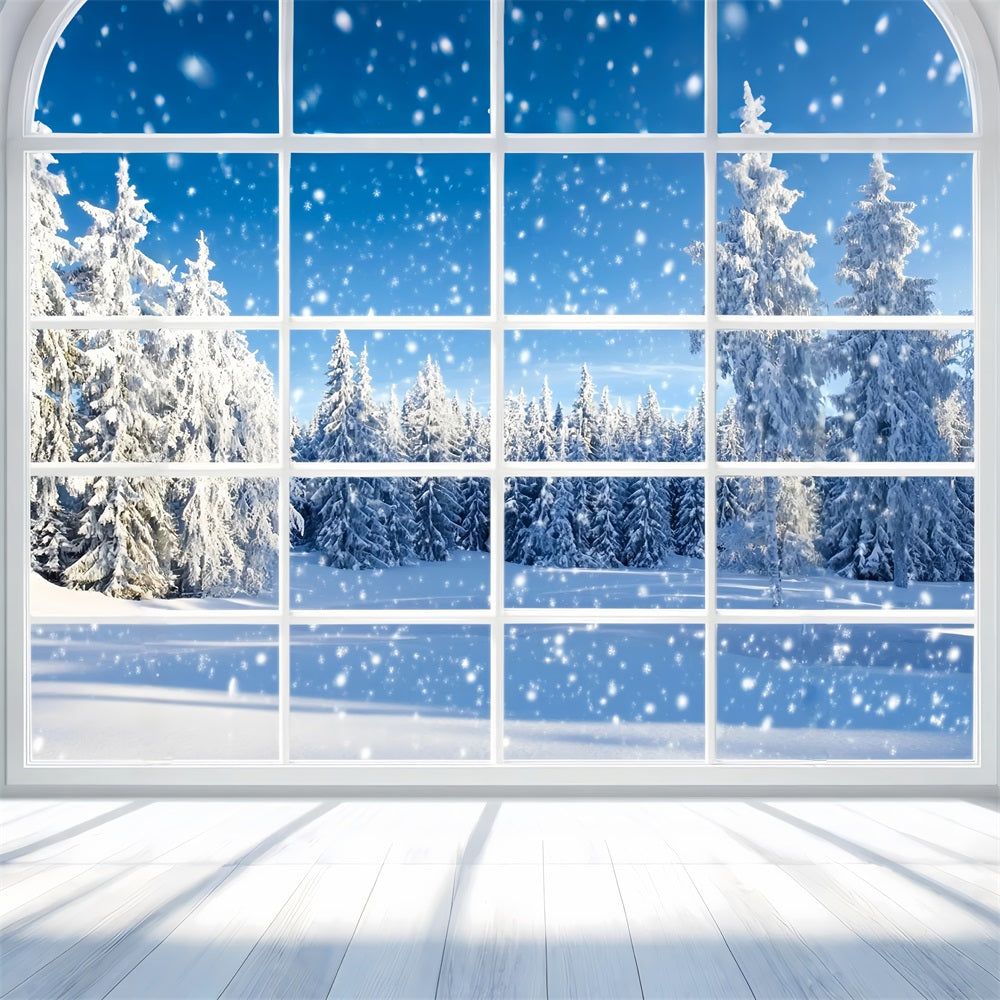 Winter Window Backdrop Falling Snow Pine Forest Winter Snow Backdrop UK LXX58-233