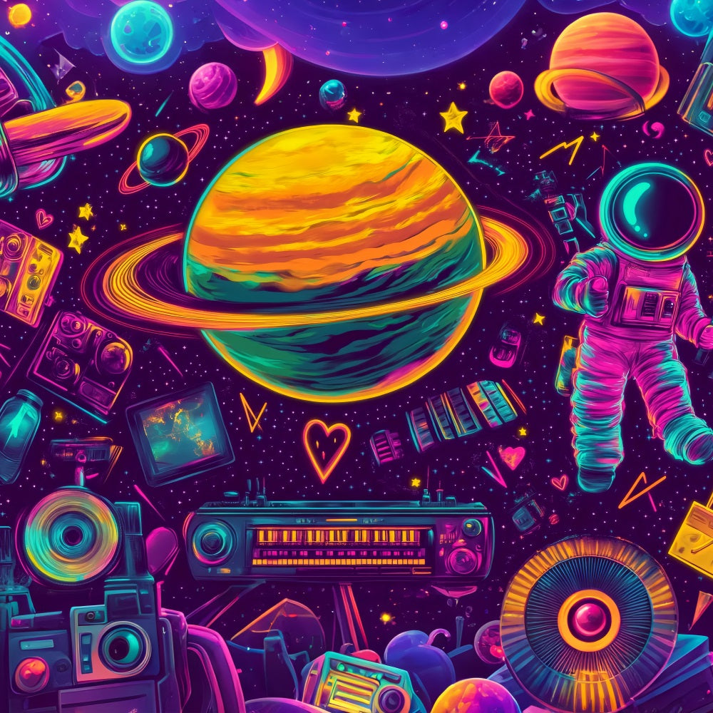 Graffiti Wall Neon Saturn Space Elements Graffiti Photo Backdrops UK LXX58-254