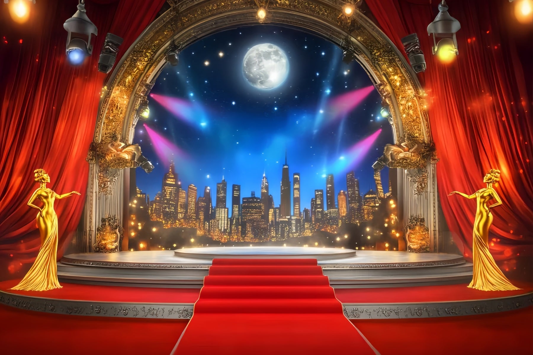 Oscar Backdrop Golden Stage Moonlight Skyline Stage Red Carpet Backdrop UK LXX58-317