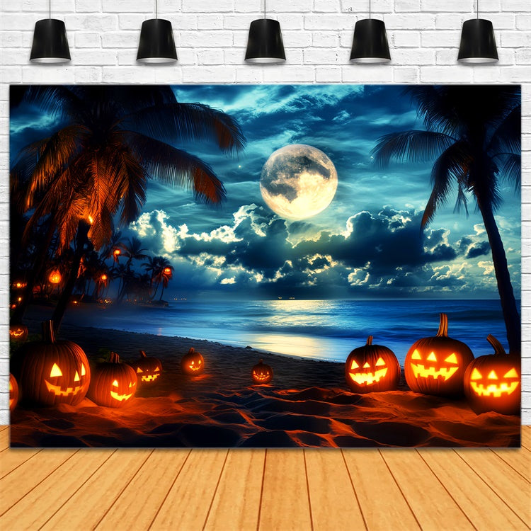 Halloween Photo Backdrops Moonlit Pumpkin Beach Backdrop UK LXX58-32