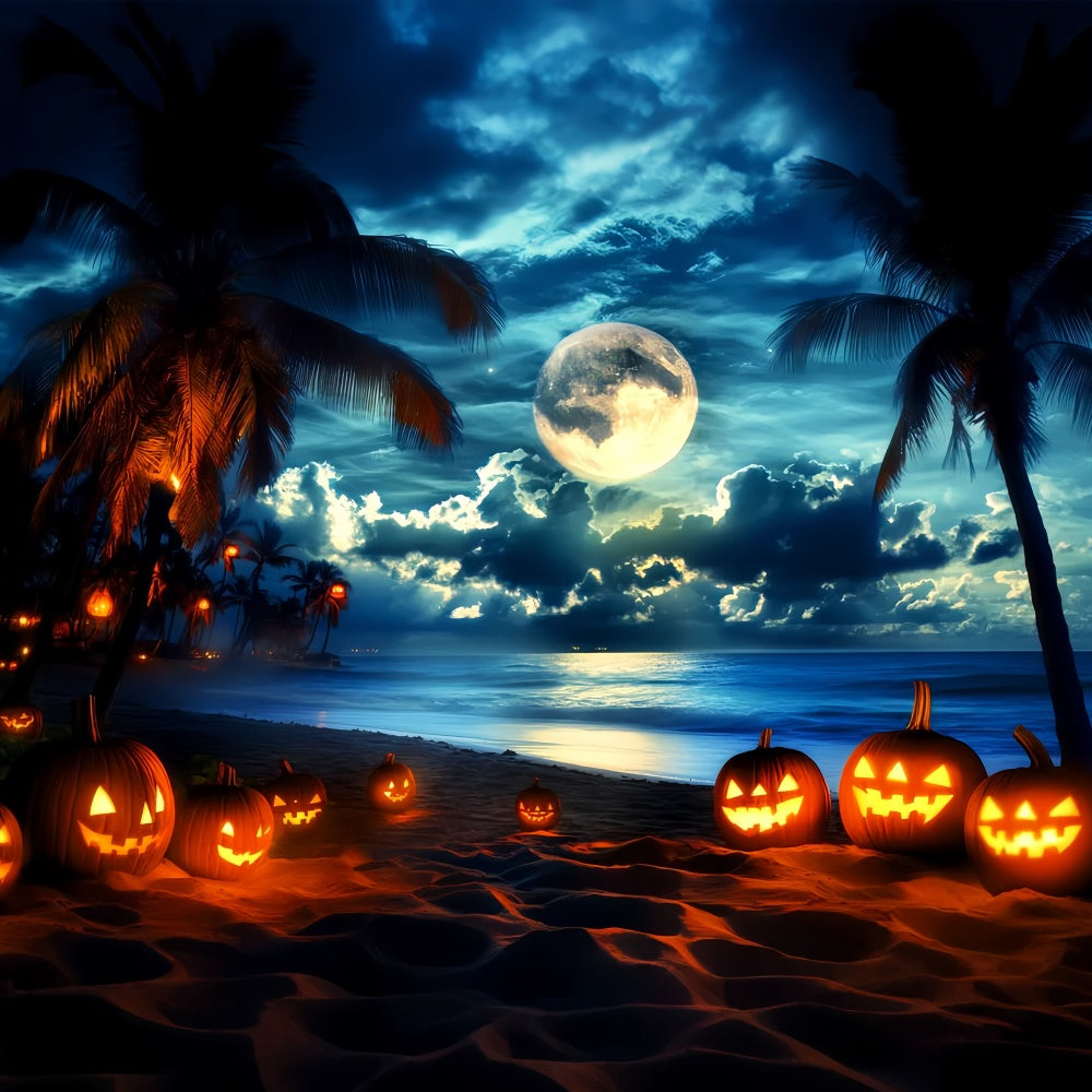 Halloween Photo Backdrops Moonlit Pumpkin Beach Backdrop UK LXX58-32