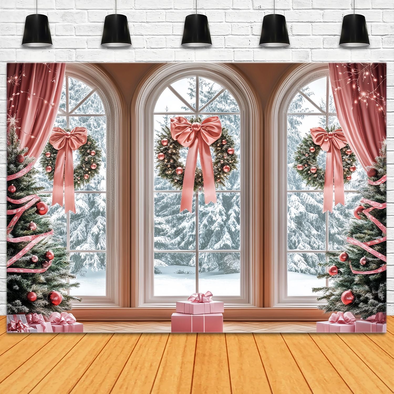 Pink Christmas Backdrop Pink Ribbon Window Wreaths Christmas Backdrops UK LXX58-52