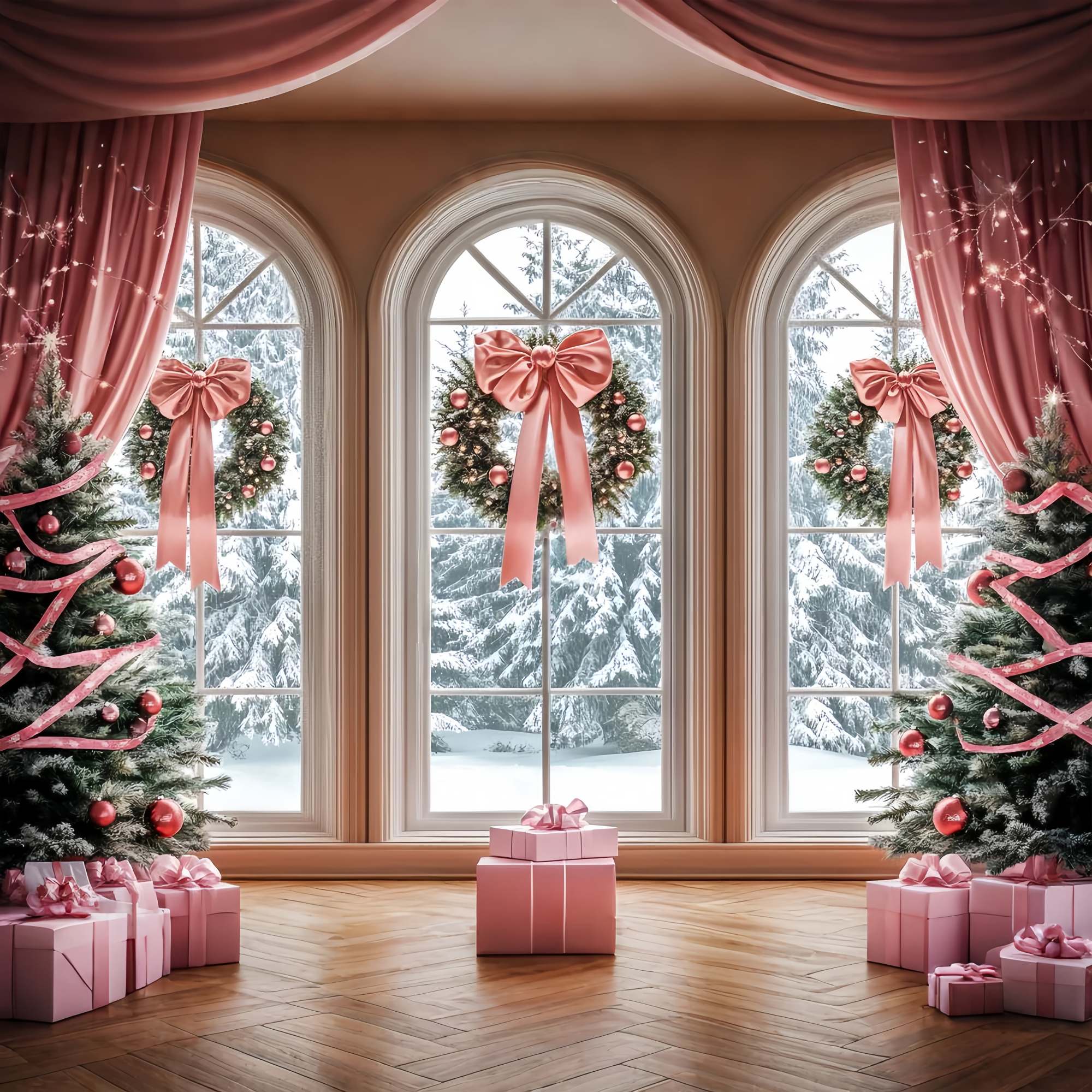 Pink Christmas Backdrop Pink Ribbon Window Wreaths Christmas Backdrops UK LXX58-52