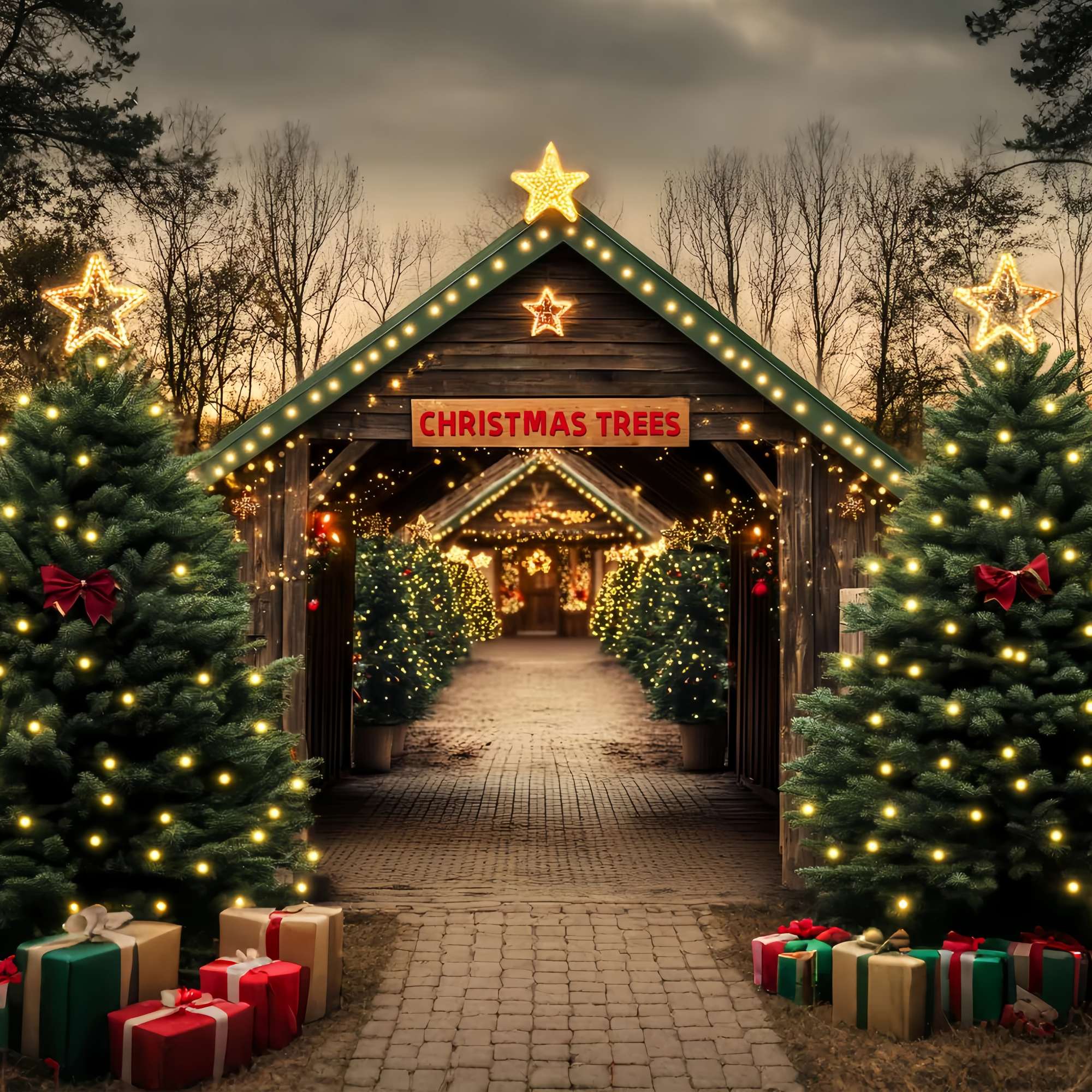 Christmas Tree Farm Backdrop Rustic Tree Farm Tunnel Christmas Backdrops for Photography UK LXX58-55