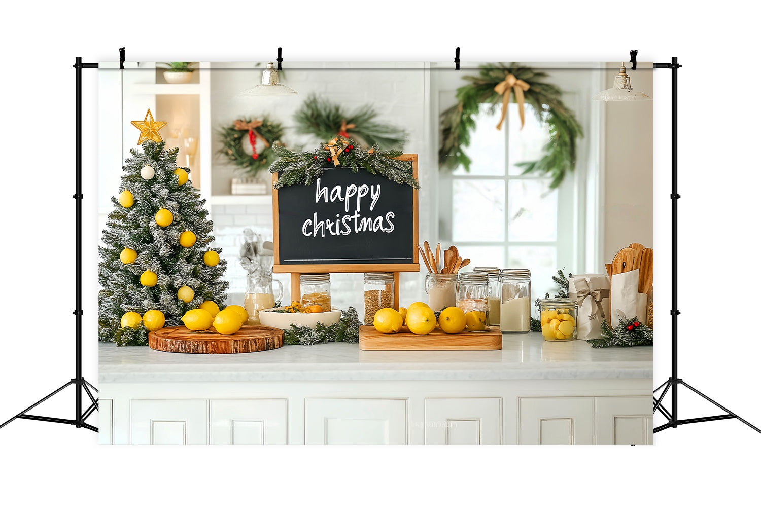 Christmas Kitchen Backdrop Lemon Tree Farmhouse Kitchen Christmas Backdrop ideas UK LXX58-56