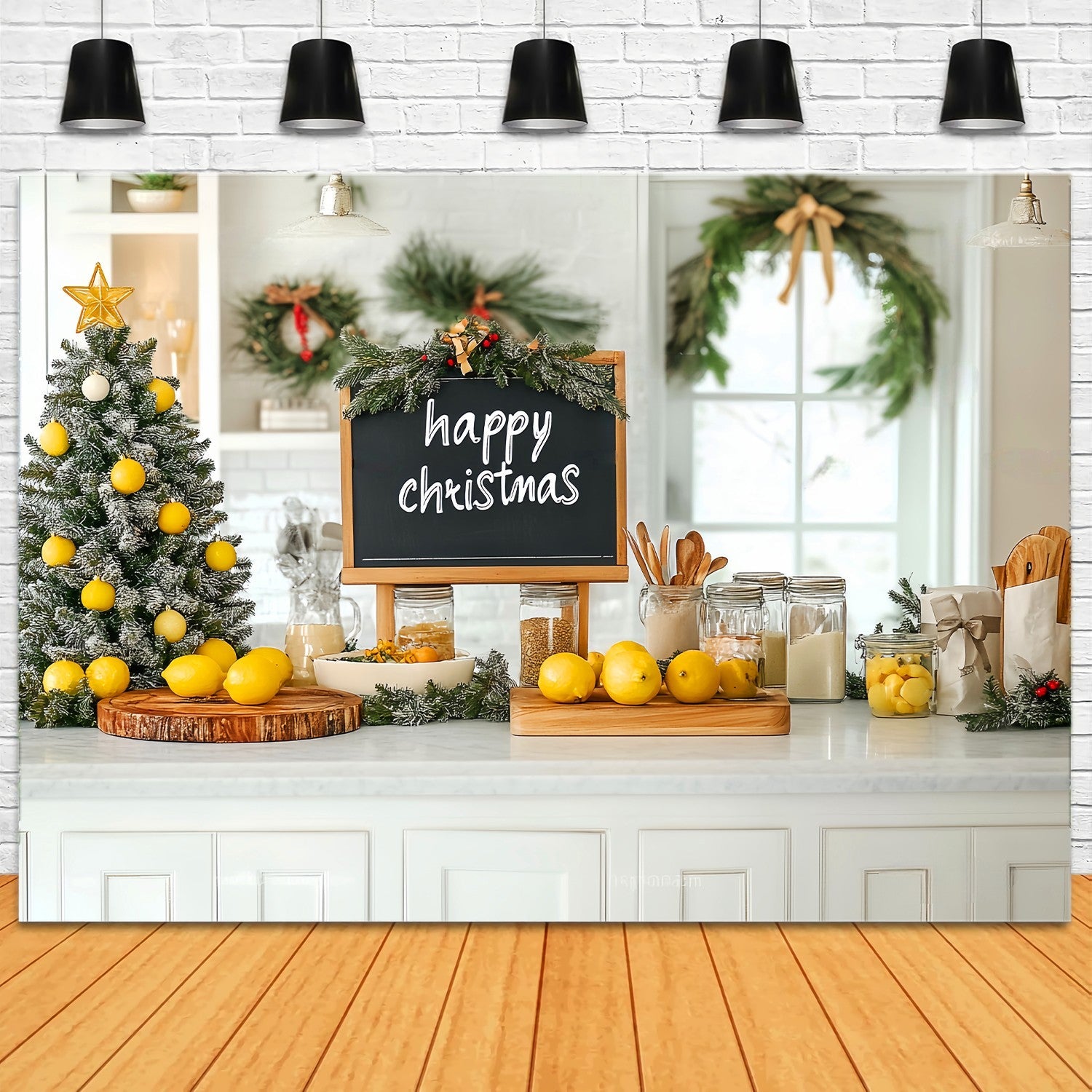 Christmas Kitchen Backdrop Lemon Tree Farmhouse Kitchen Christmas Backdrop ideas UK LXX58-56