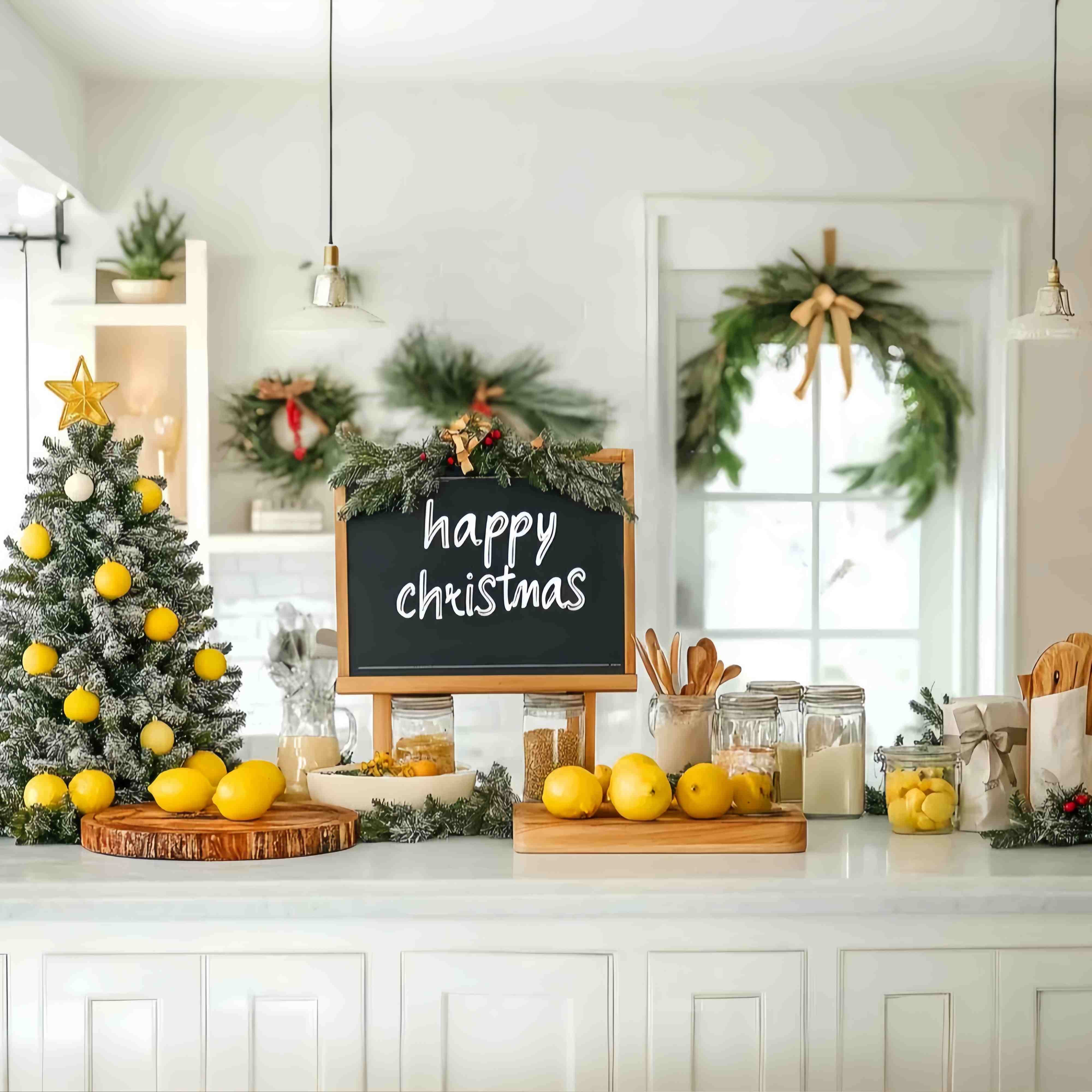 Christmas Kitchen Backdrop Lemon Tree Farmhouse Kitchen Christmas Backdrop ideas UK LXX58-56
