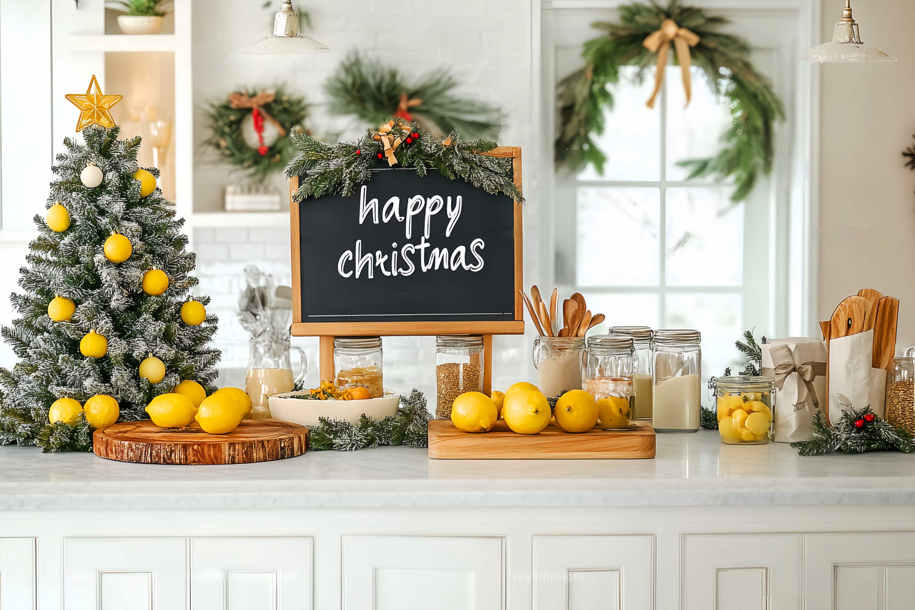 Christmas Kitchen Backdrop Lemon Tree Farmhouse Kitchen Christmas Backdrop ideas UK LXX58-56