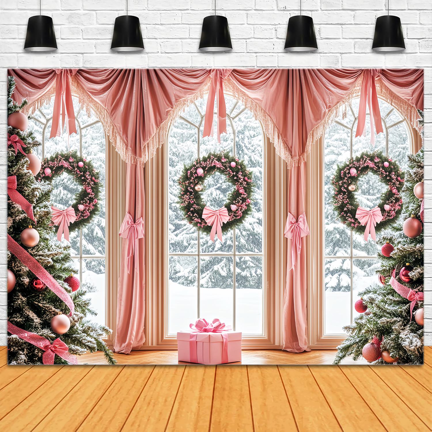 Pink Christmas Backdrop Pink Bow Elegant Window Backdrop Christmas UK LXX58-57