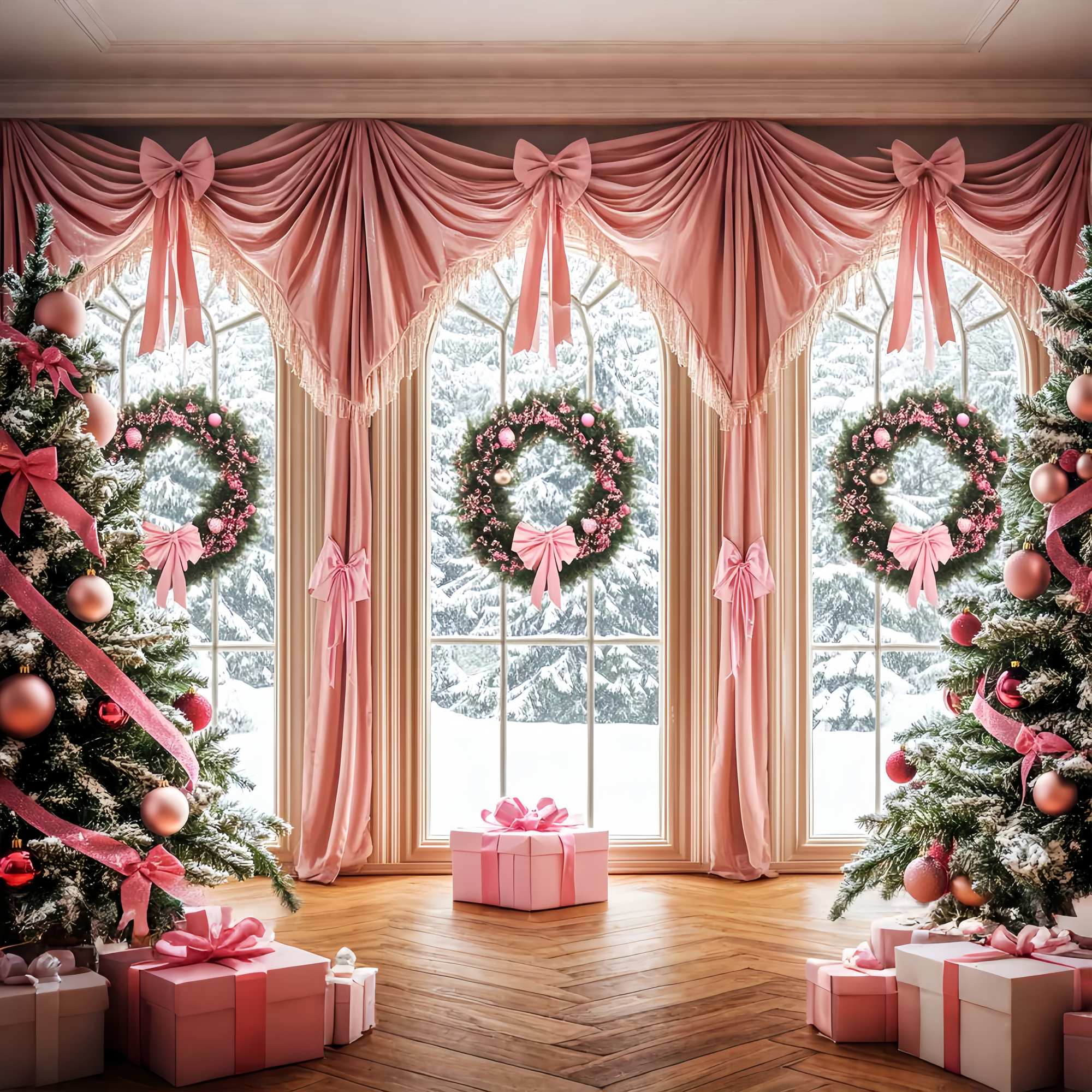 Pink Christmas Backdrop Pink Bow Elegant Window Backdrop Christmas UK LXX58-57