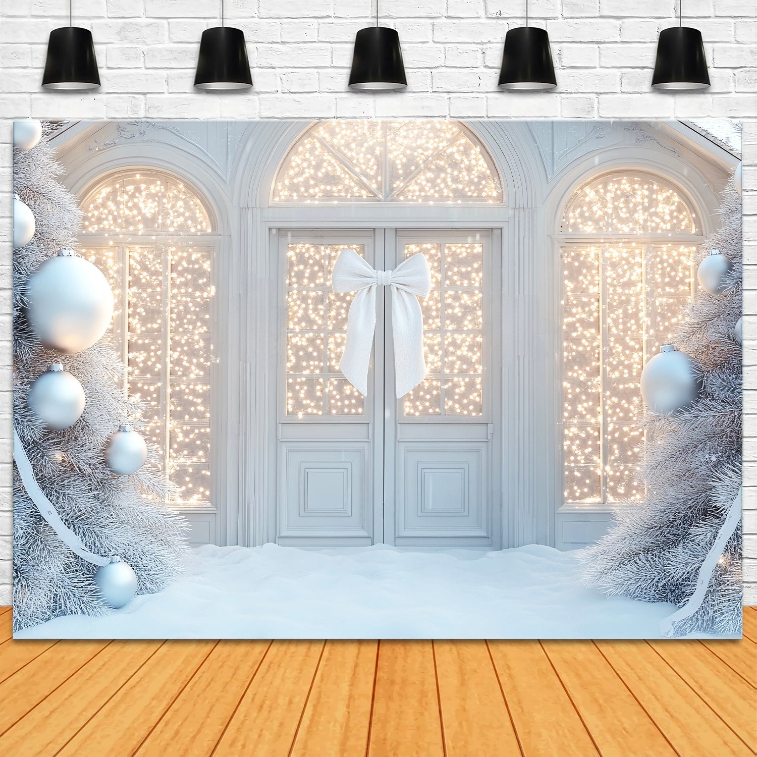 White Christmas Backdrop White Sparkle Bow Doorway Christmas Backdrop Photography UK LXX58-59