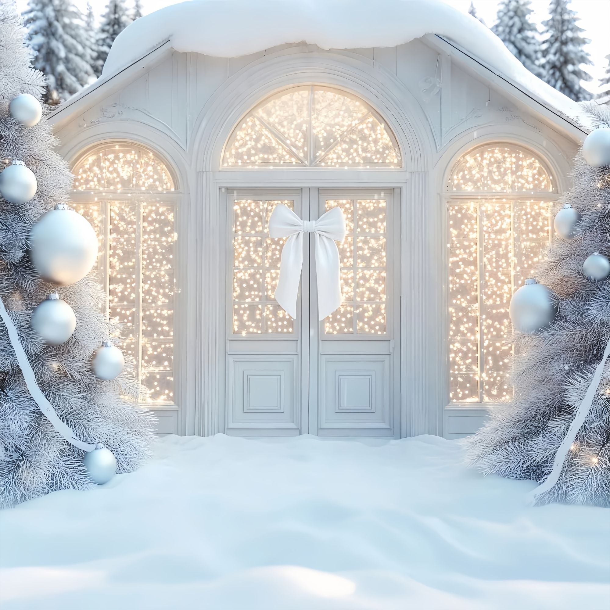 White Christmas Backdrop White Sparkle Bow Doorway Christmas Backdrop Photography UK LXX58-59